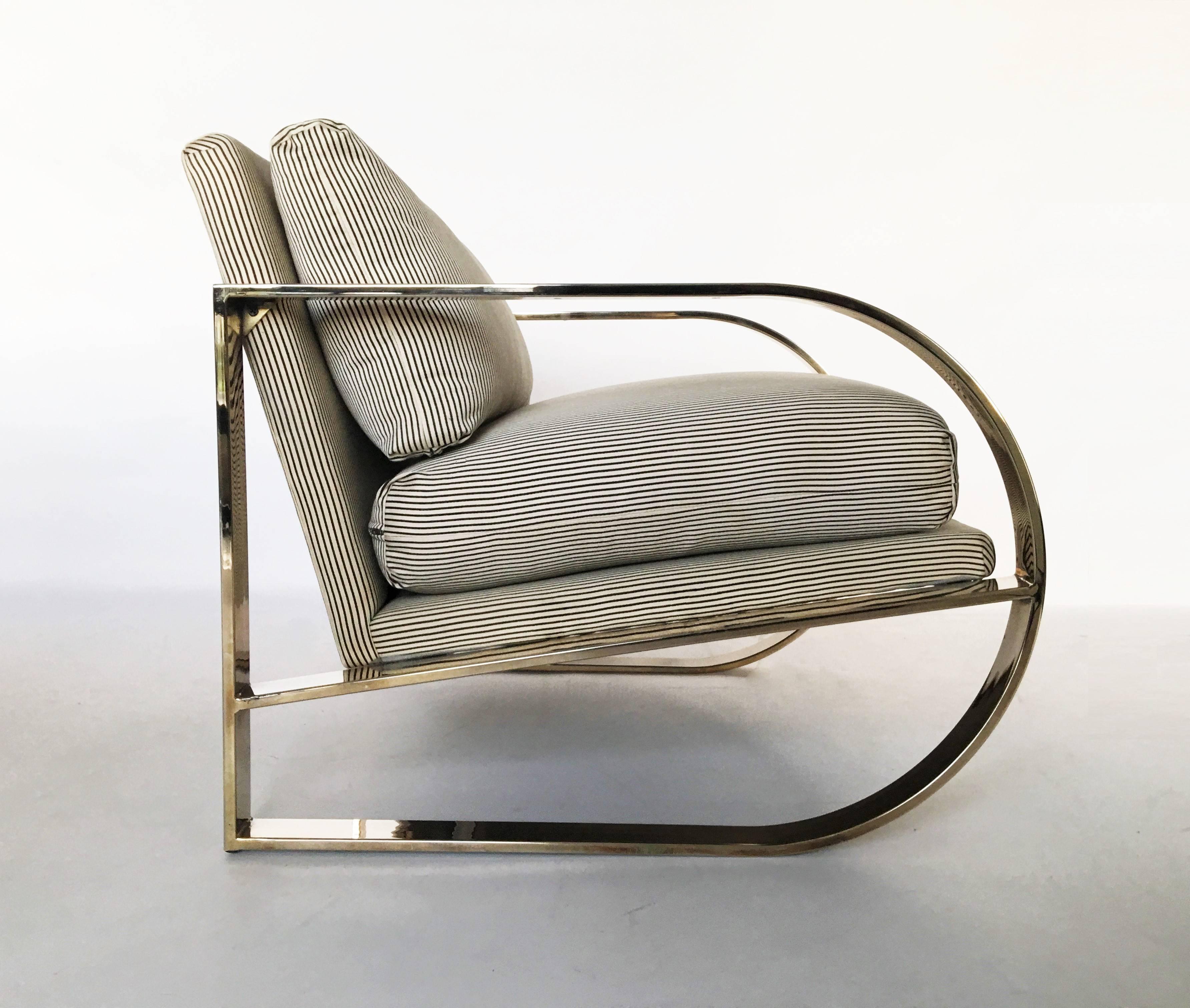 Rare lounge chair designed by John Mascheroni for Swaim Originals. A geometric form melds with the stripped upholstery to create this wonderfully comfortable yet striking flat bar 