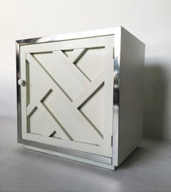 Pair of Fretwork Chinese Chippendale Lacquer and Chrome Nightstands Chests