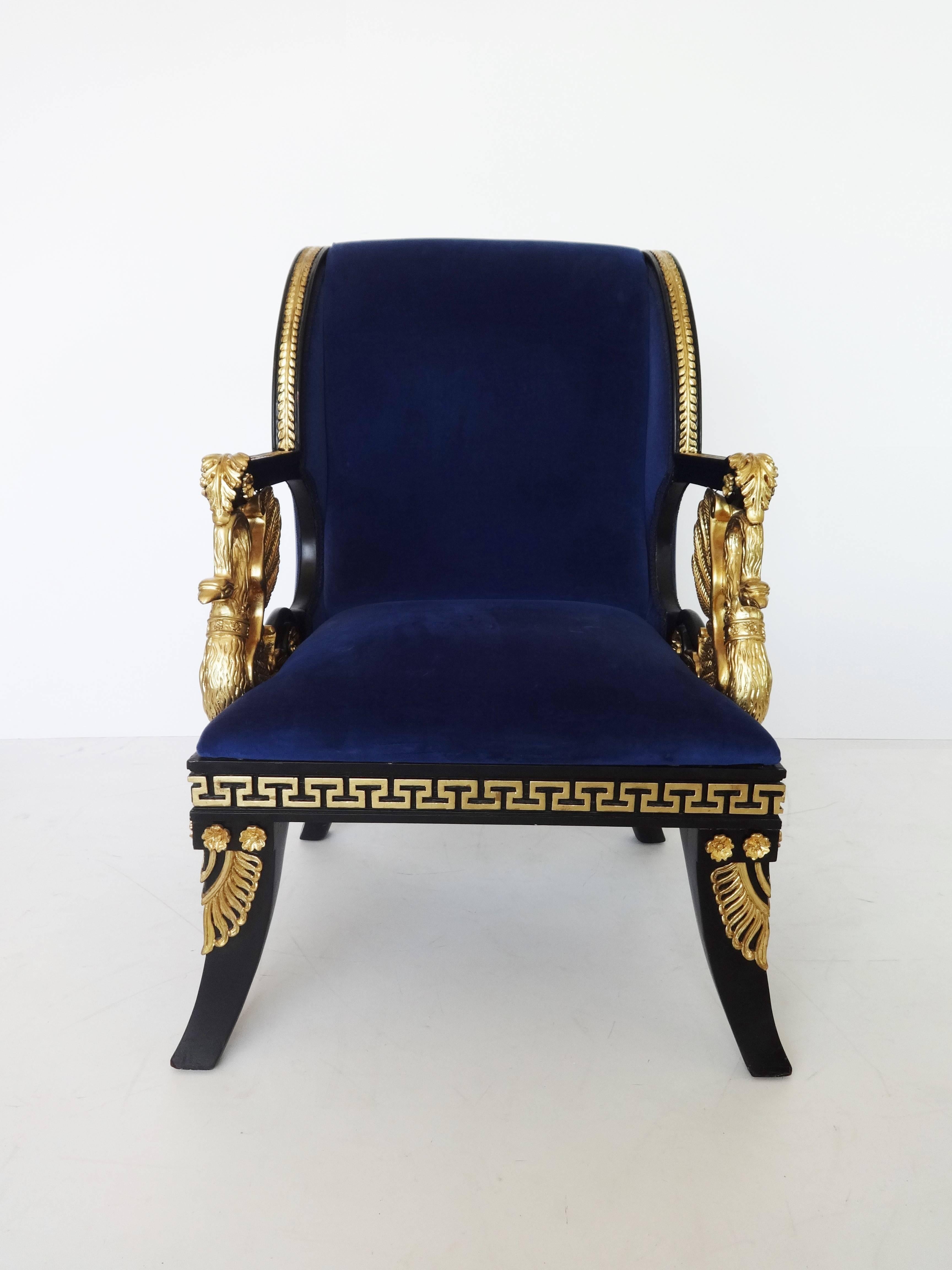 Upholstery Fine Pair of Italian Neoclassical Lacquered and Gilt Armchairs For Sale