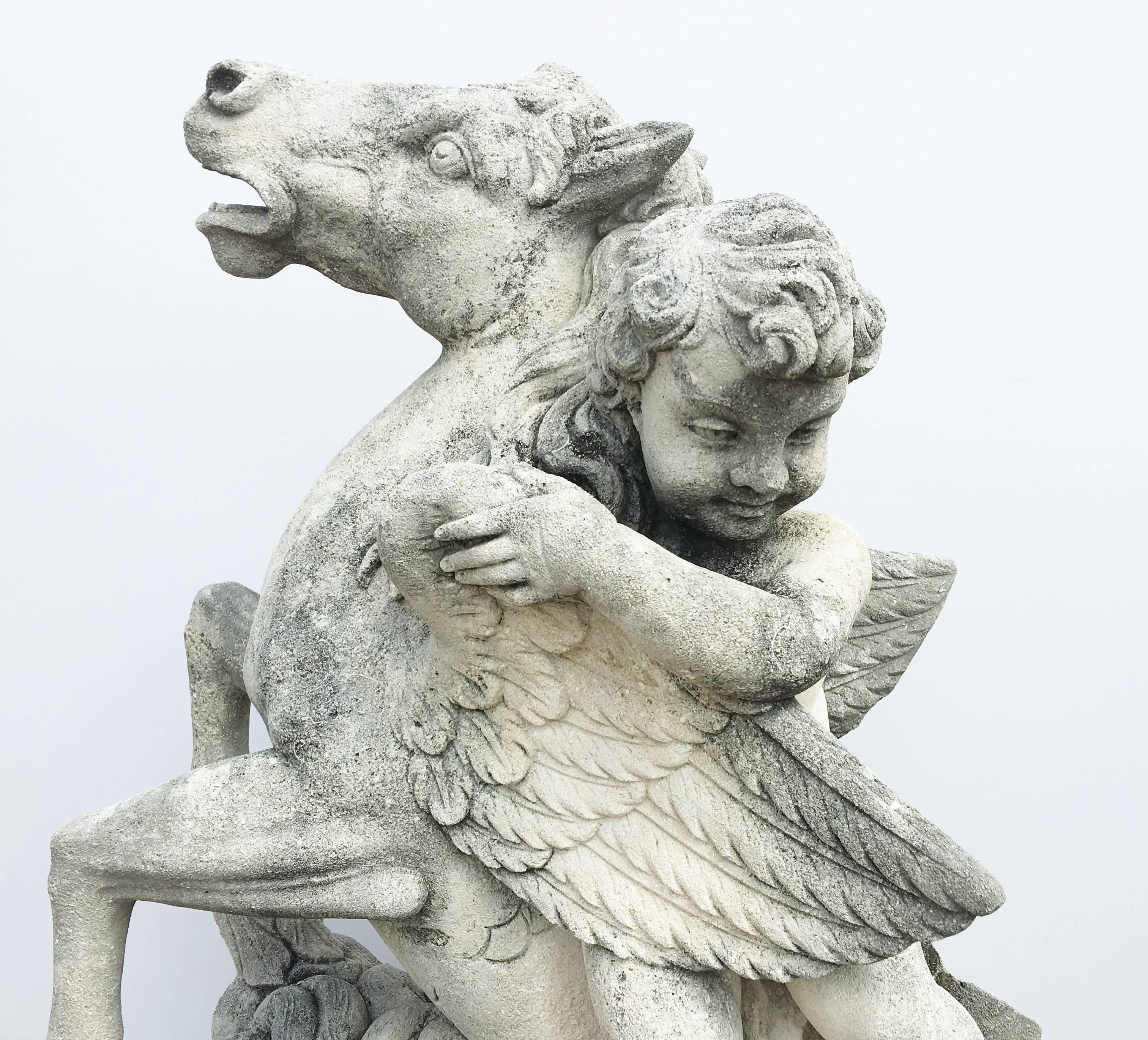 20th Century Pair of Putti Garden Statues with Horses For Sale