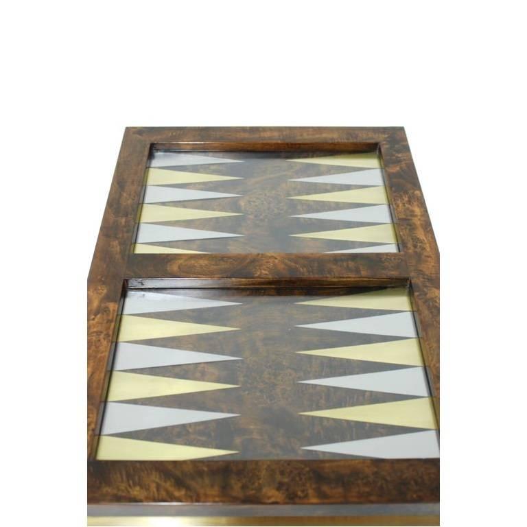 American Burl Wood and Brass Backgammon Game Table For Sale