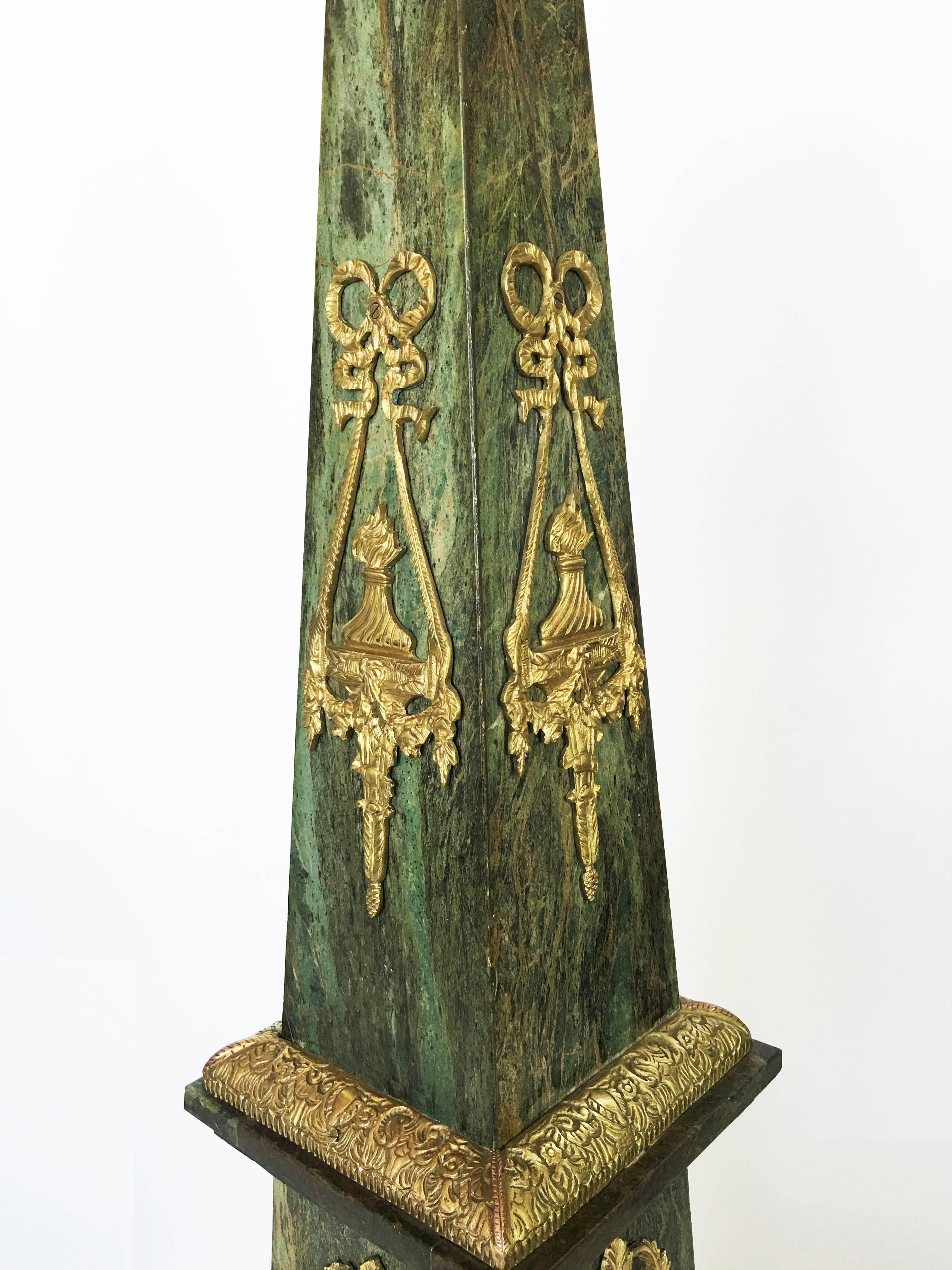 20th Century Monumental Pair of Marble and Gilt Bronze Obelisks For Sale