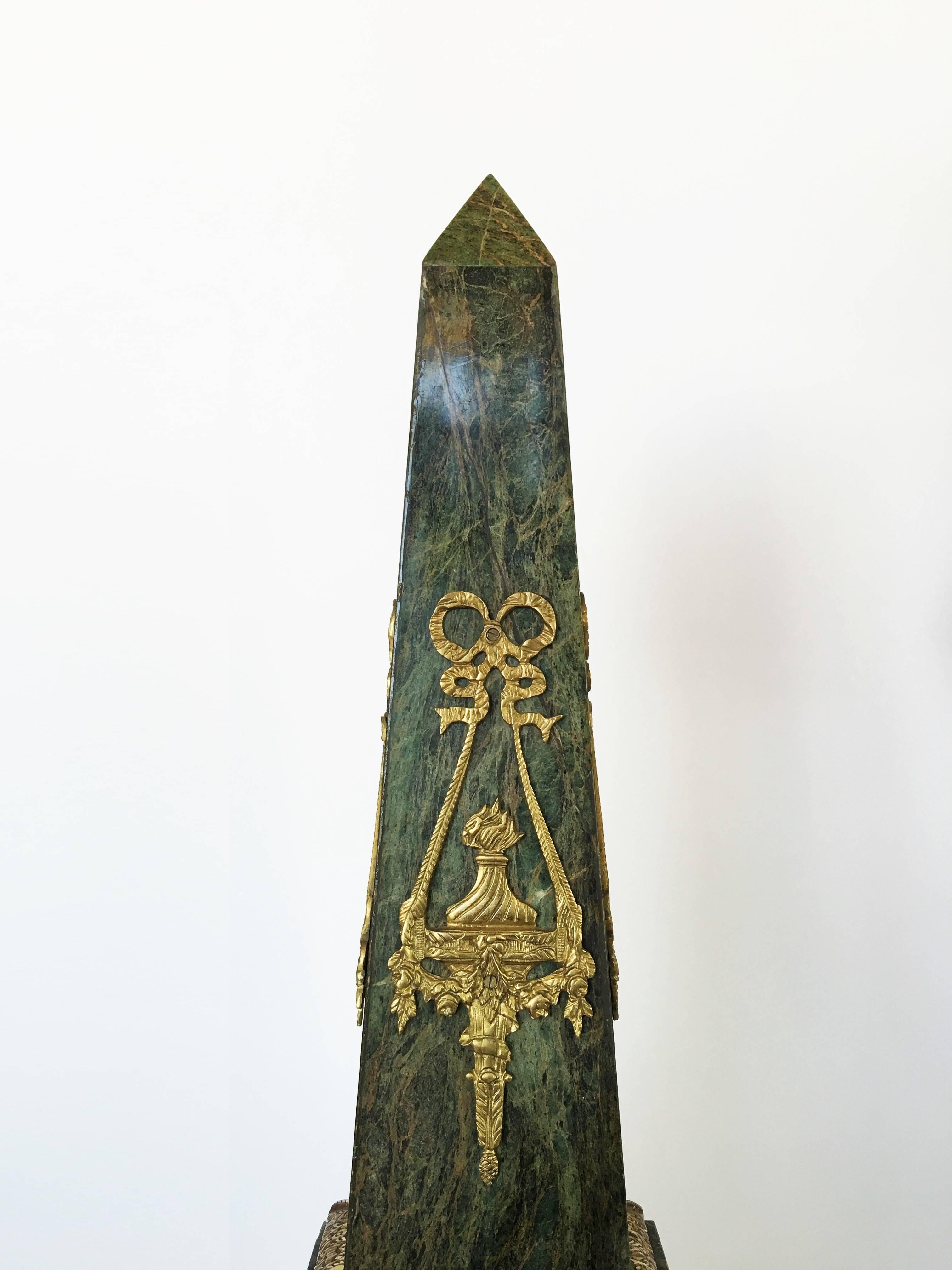 Monumental Pair of Marble and Gilt Bronze Obelisks For Sale 1