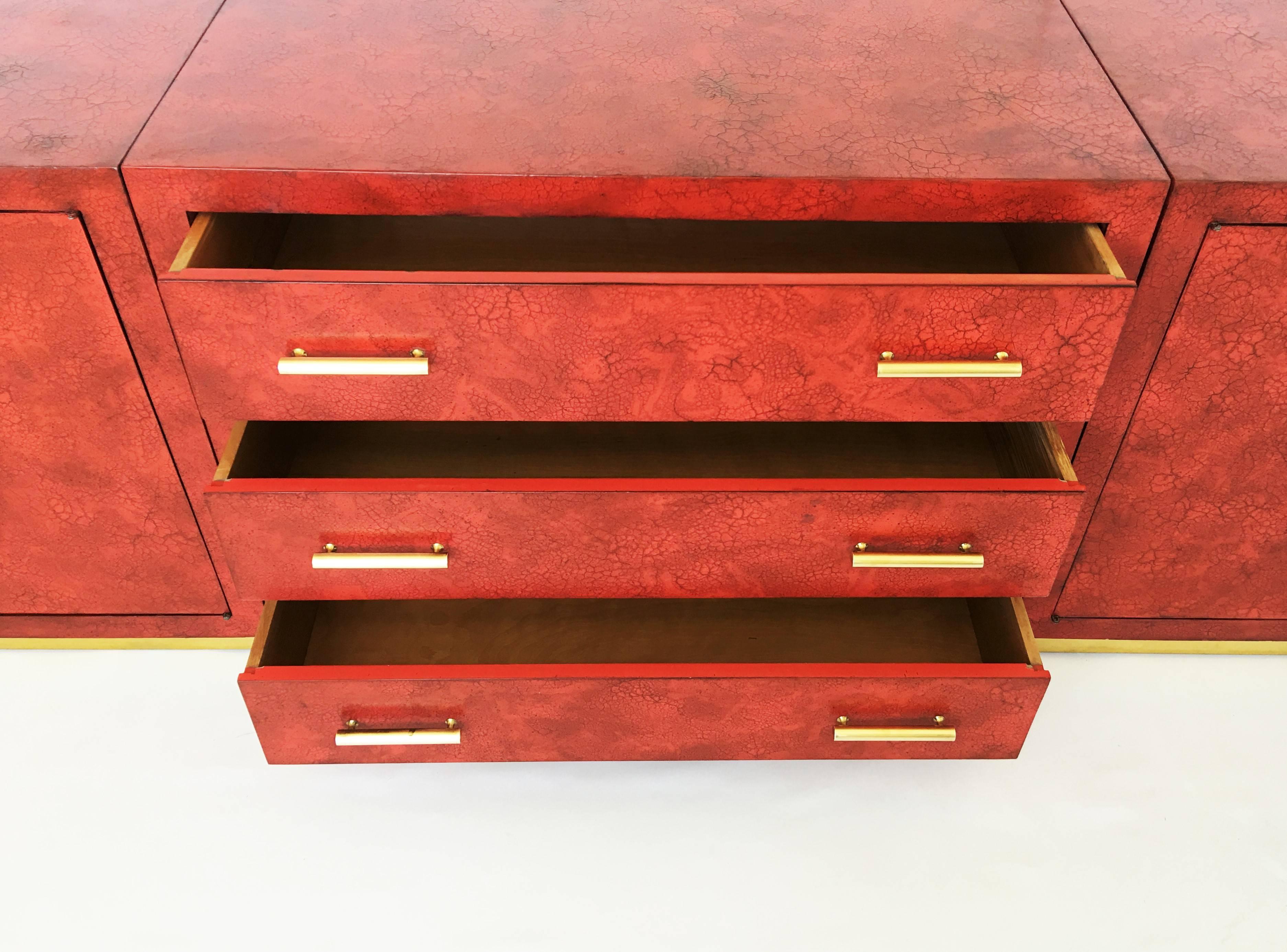 Hollywood Regency Stunning Chinoiserie Asian Style Red Lacquer and Brass Sideboard or Credenza For Sale