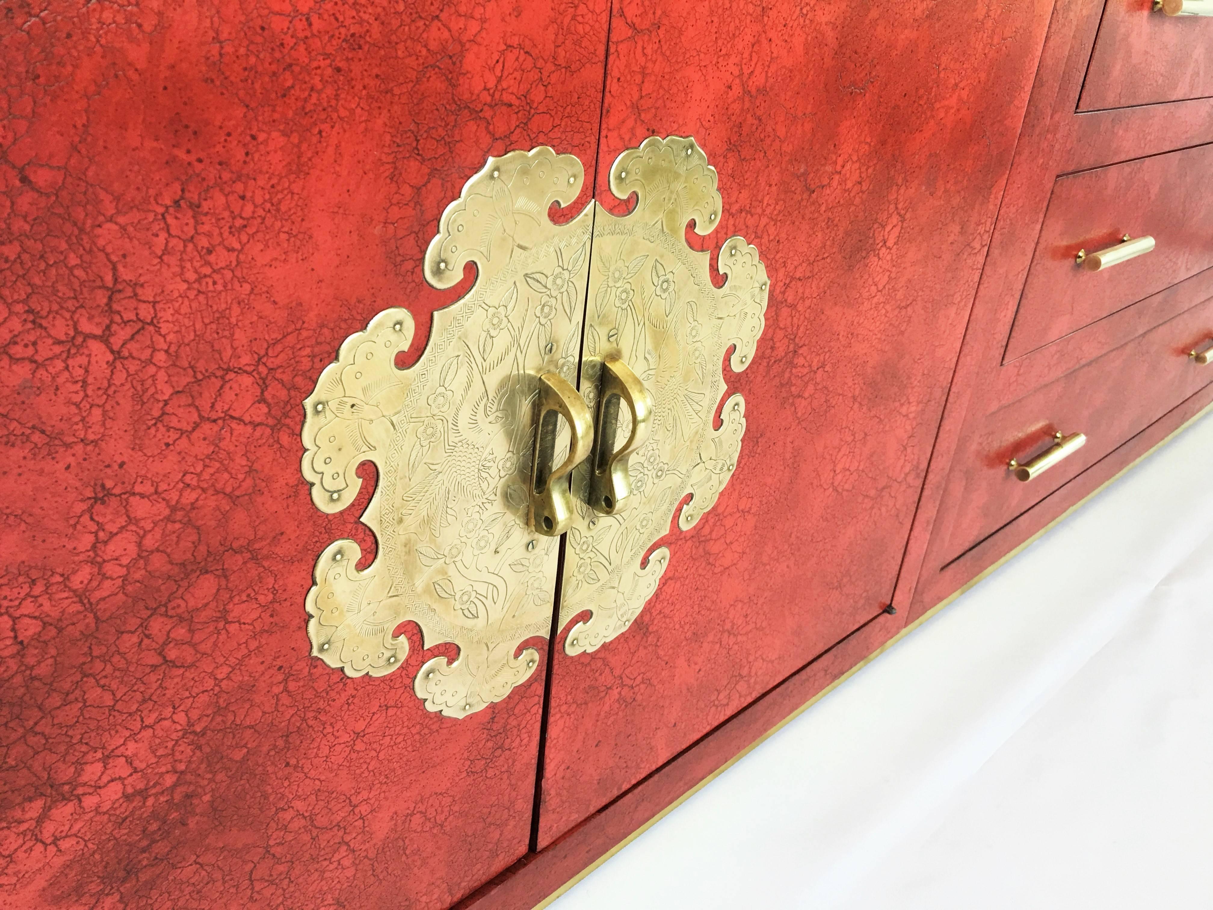 Stunning Chinoiserie Asian Style Red Lacquer and Brass Sideboard or Credenza In Excellent Condition For Sale In Dallas, TX