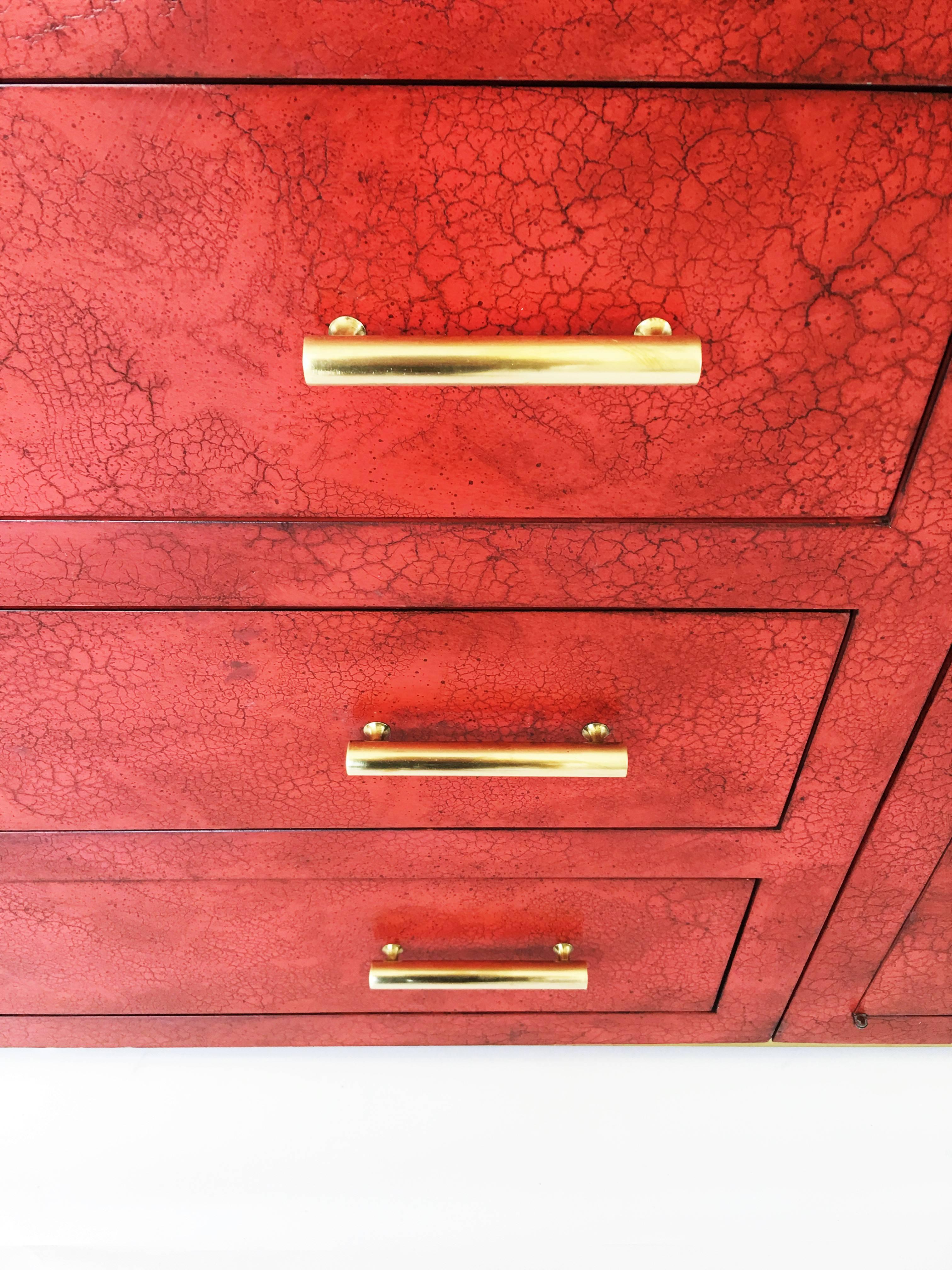 American Stunning Chinoiserie Asian Style Red Lacquer and Brass Sideboard or Credenza For Sale