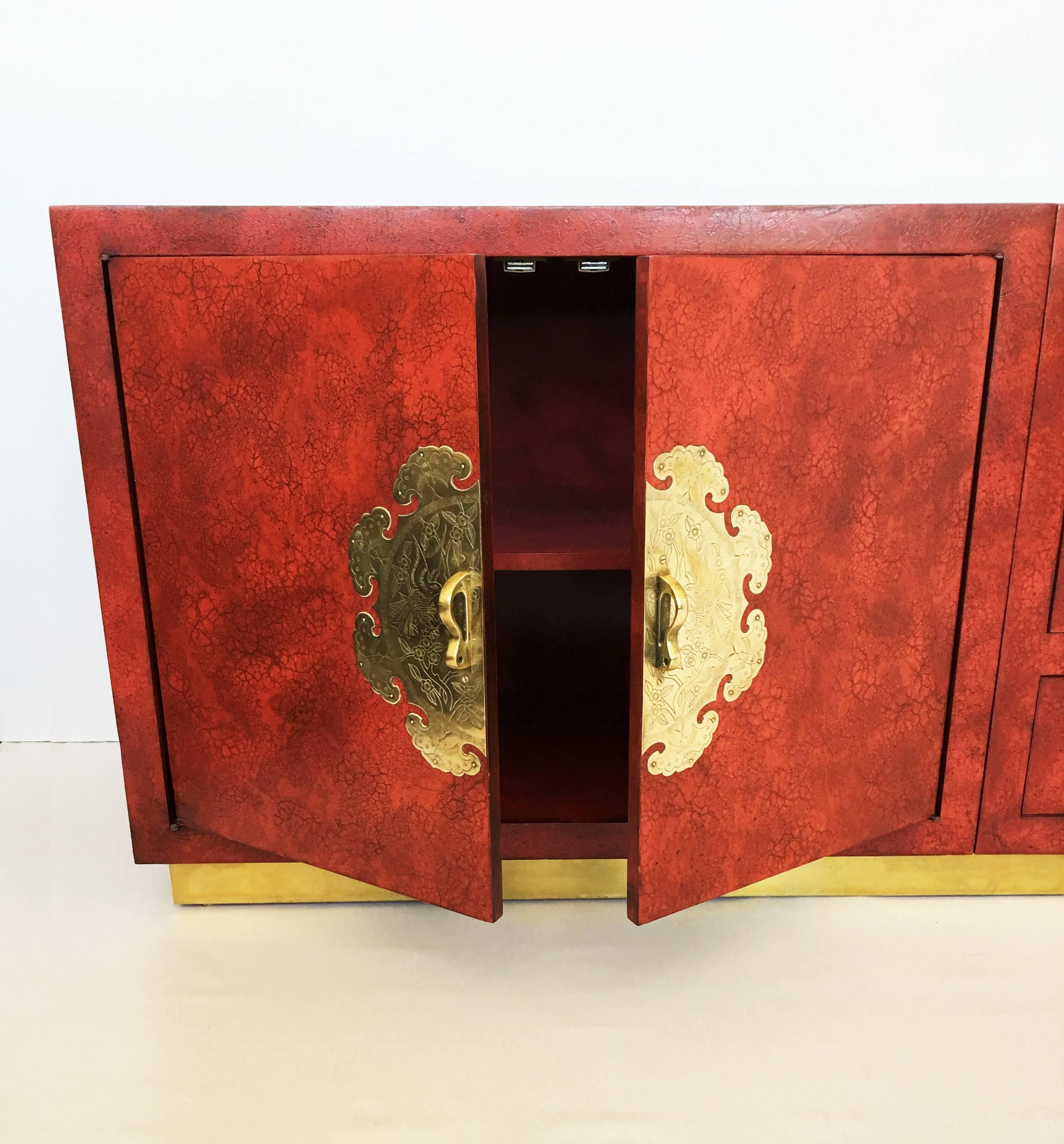 20th Century Stunning Chinoiserie Asian Style Red Lacquer and Brass Sideboard or Credenza For Sale