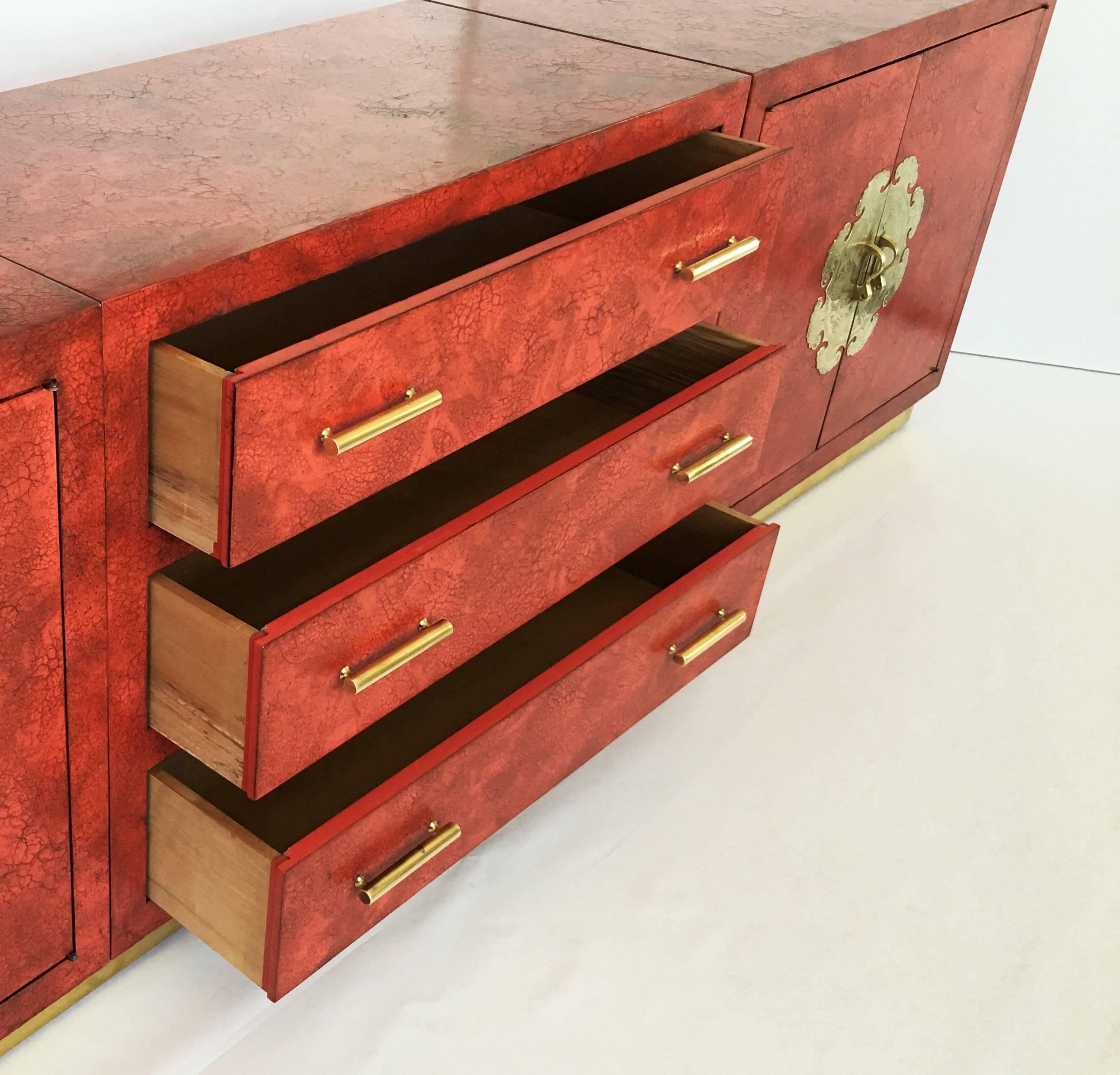 Lacquered Stunning Chinoiserie Asian Style Red Lacquer and Brass Sideboard or Credenza For Sale