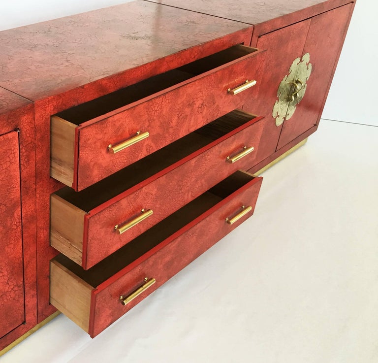 Stunning Chinoiserie Asian Style Red Lacquer and Brass Sideboard or