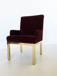 Set of Eight Milo Baughman Style Velvet and Brass Dining Chairs