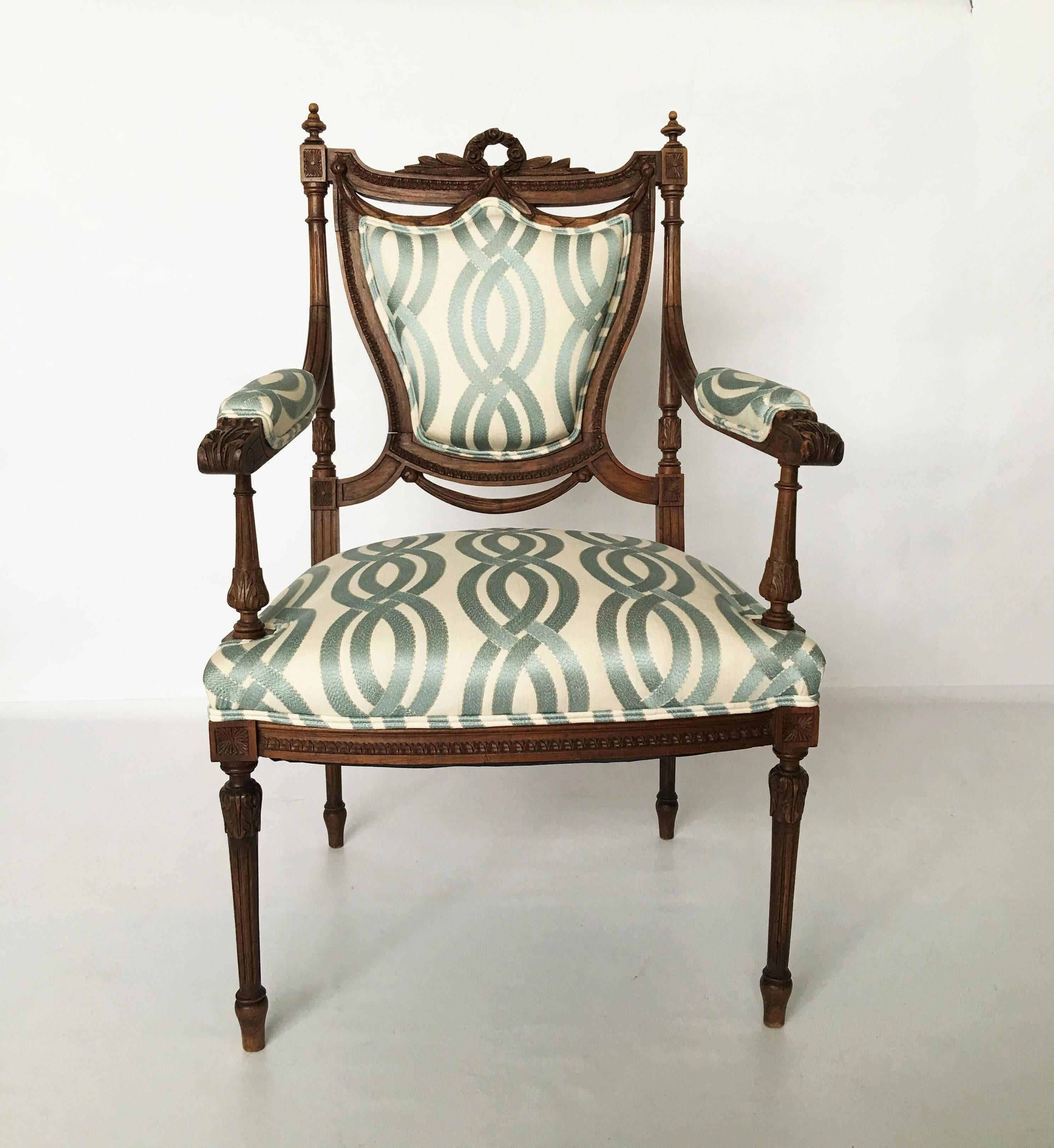 A very fine pair of Louis XVI chairs attributed to Jean Baptiste Claude Sene Parisian Master Carpenter. Recently upholstered.