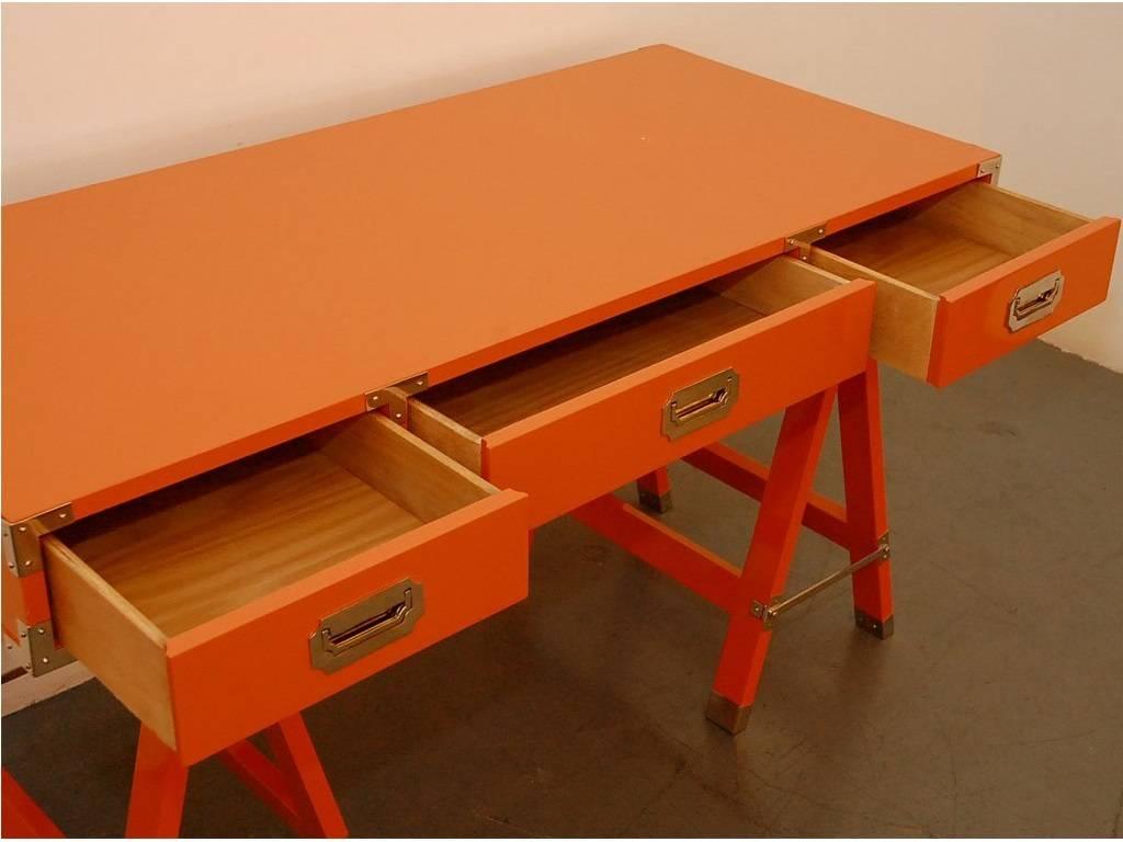 Orange Lacquered Campaign Desk In Excellent Condition In Dallas, TX