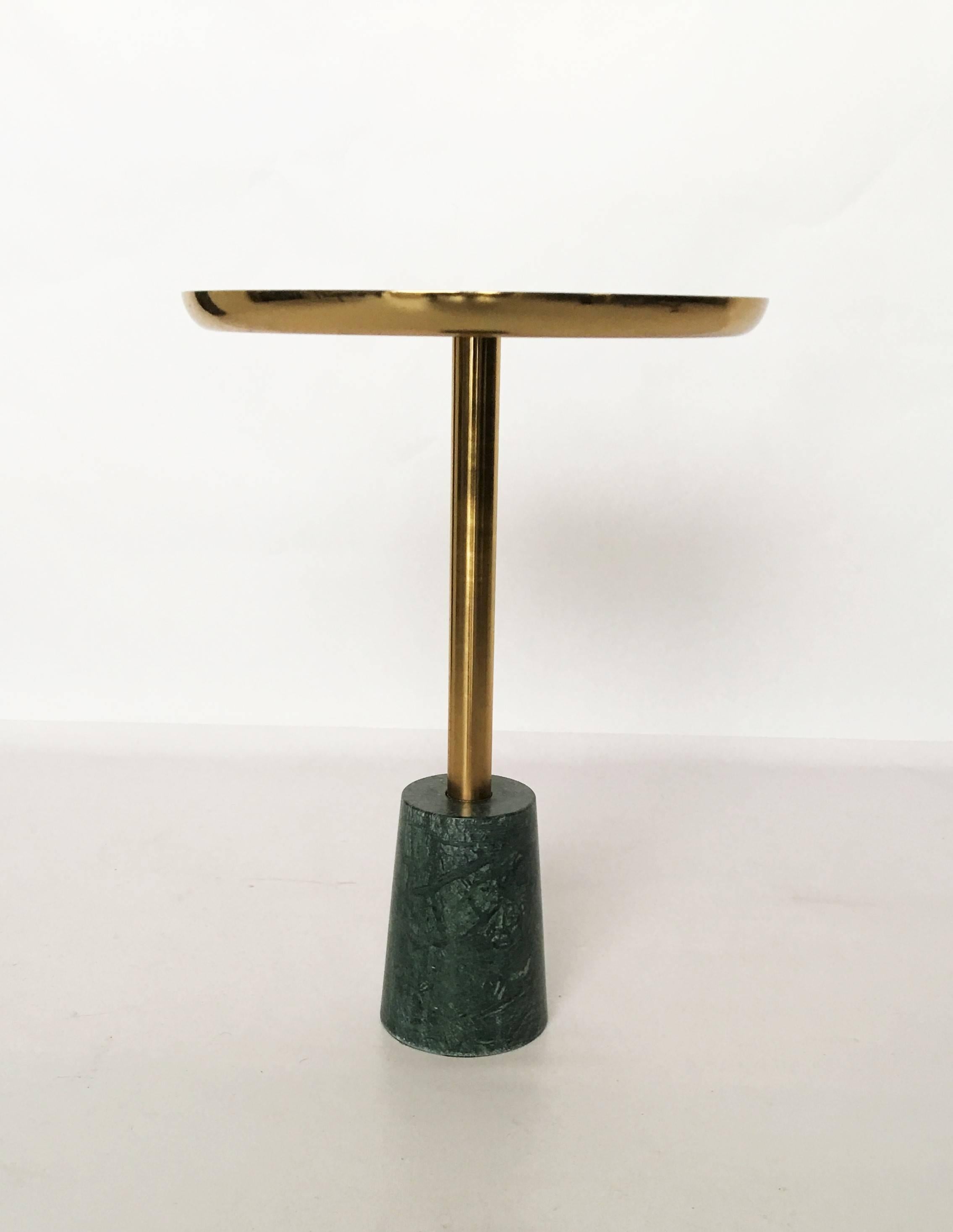 American Pair of Minimalist Brass and Green Marble Petite Side Tables 