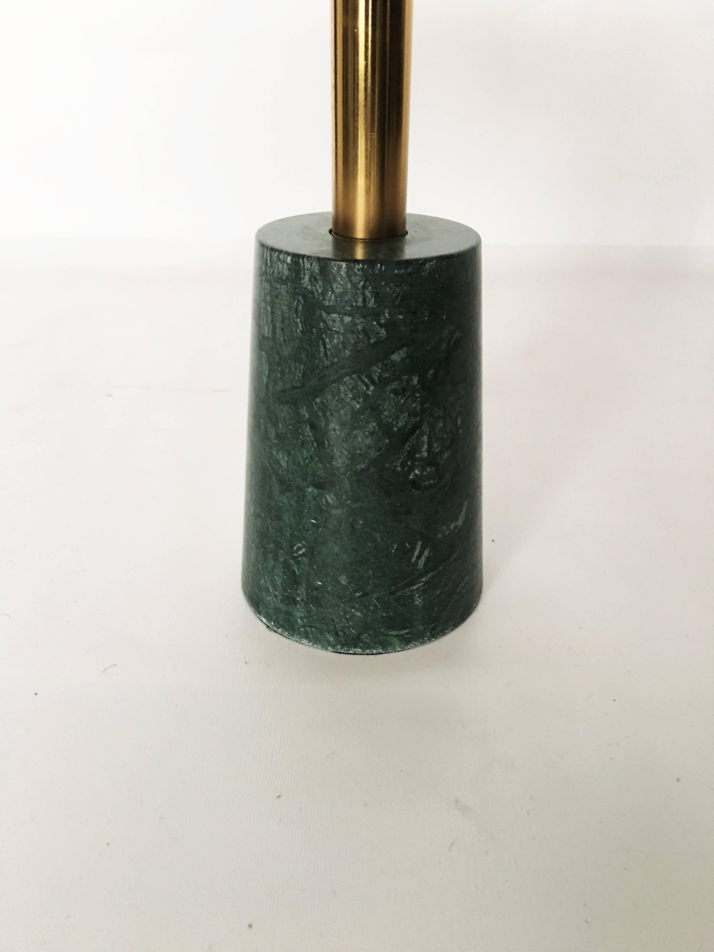Pair of Minimalist Brass and Green Marble Petite Side Tables  In Excellent Condition In Dallas, TX