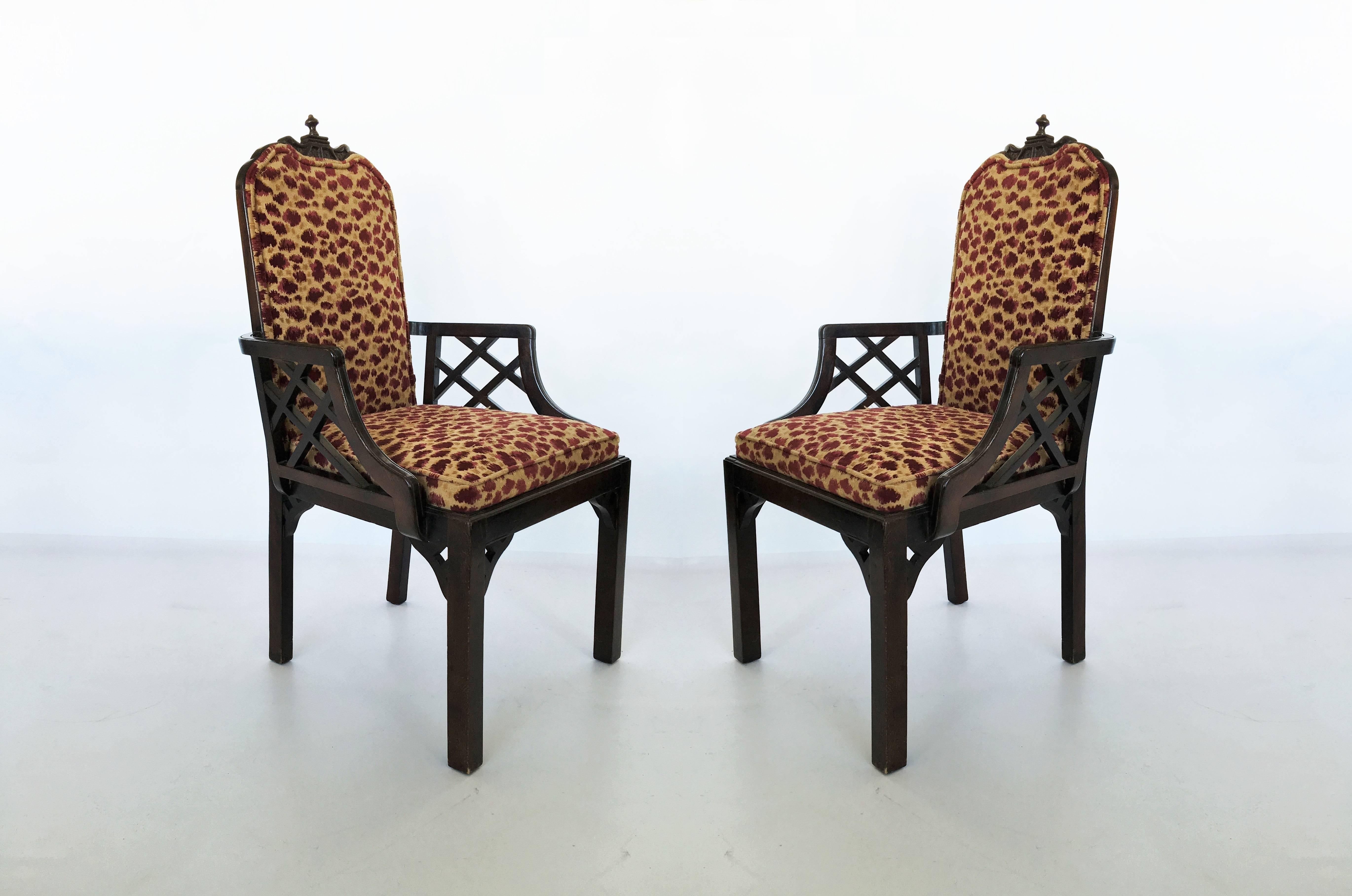 Beautiful and timeless, this vintage Chippendale dining chair set is quality crafted and features striking fretwork details. These chairs will create that sought-after Chinoiserie style to your dining setting. The set has 2 arm and 4 side chairs