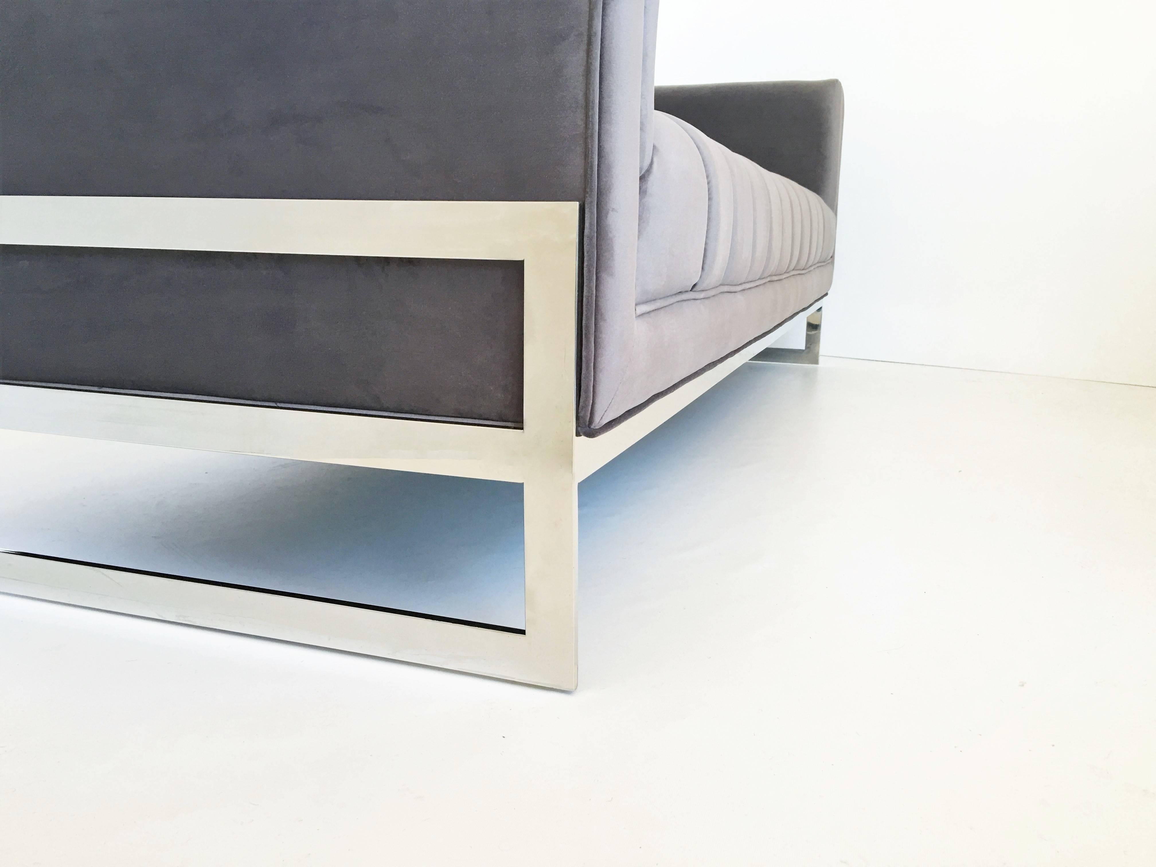 Velvet Mid-Century Modern Channel Design Floating Flat Bar Chrome Frame Sofa For Sale