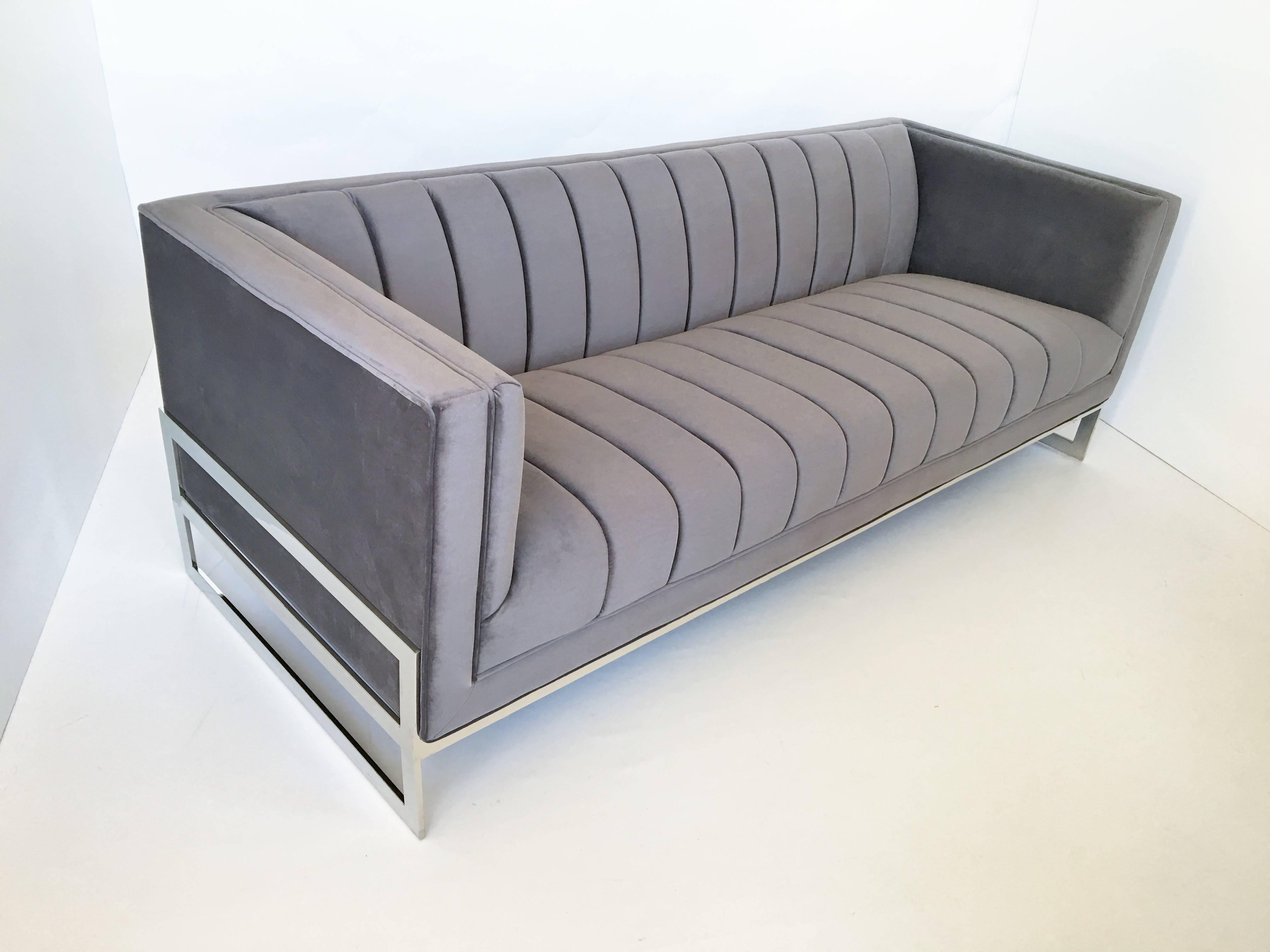 American Mid-Century Modern Channel Design Floating Flat Bar Chrome Frame Sofa For Sale