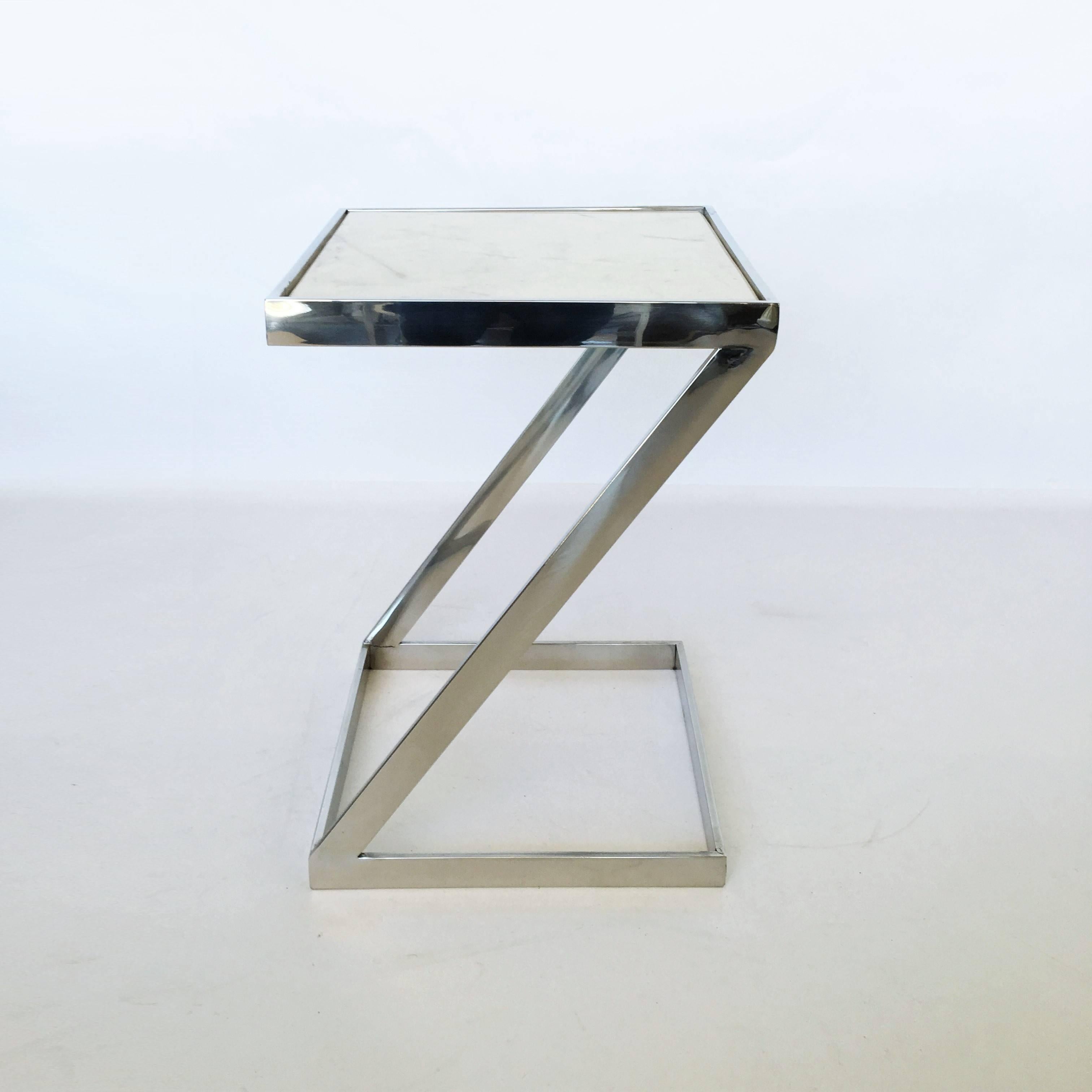 Pair of Milo Baughman Style Chrome and Marble Z Shaped End Tables In Excellent Condition For Sale In Dallas, TX