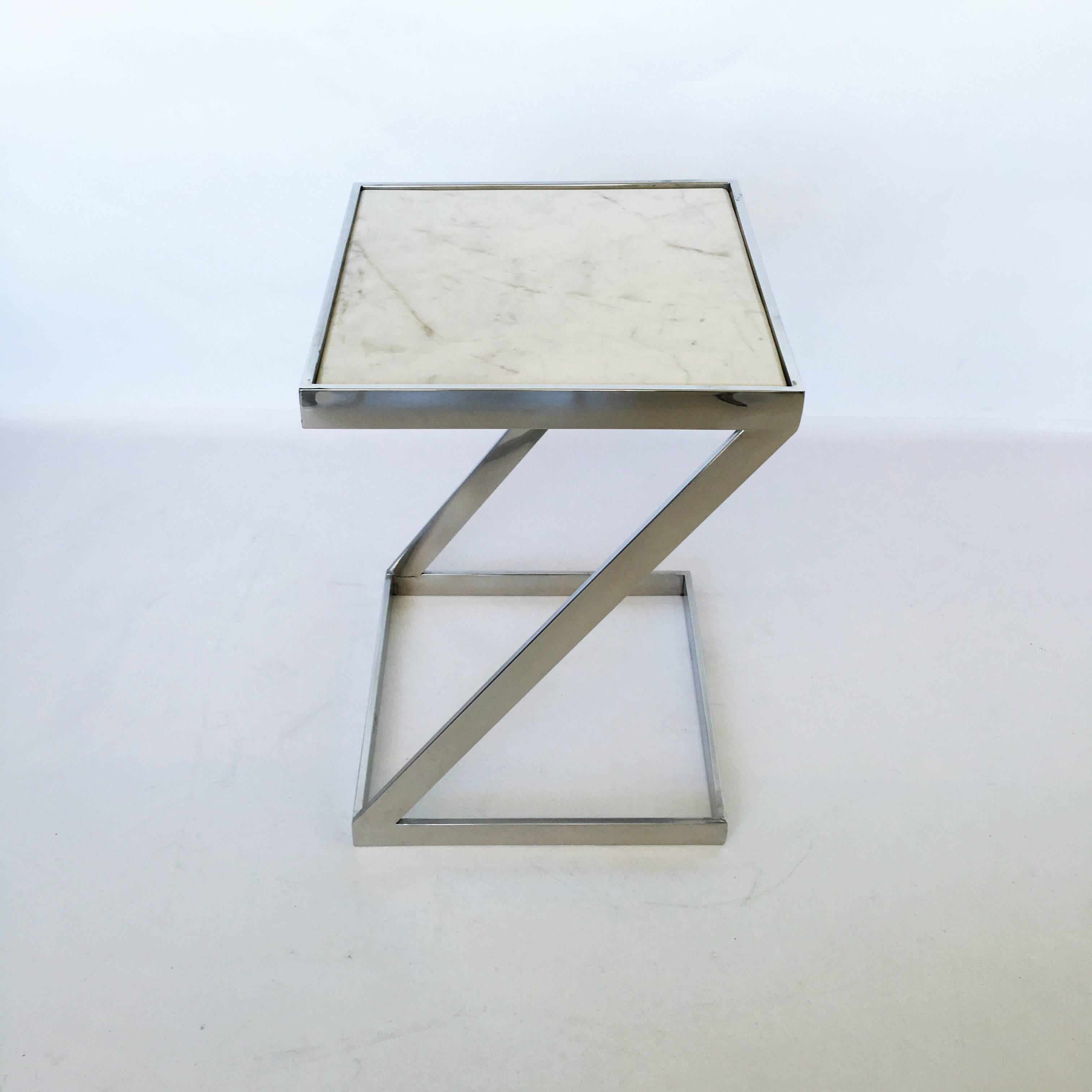 American Pair of Milo Baughman Style Chrome and Marble Z Shaped End Tables For Sale