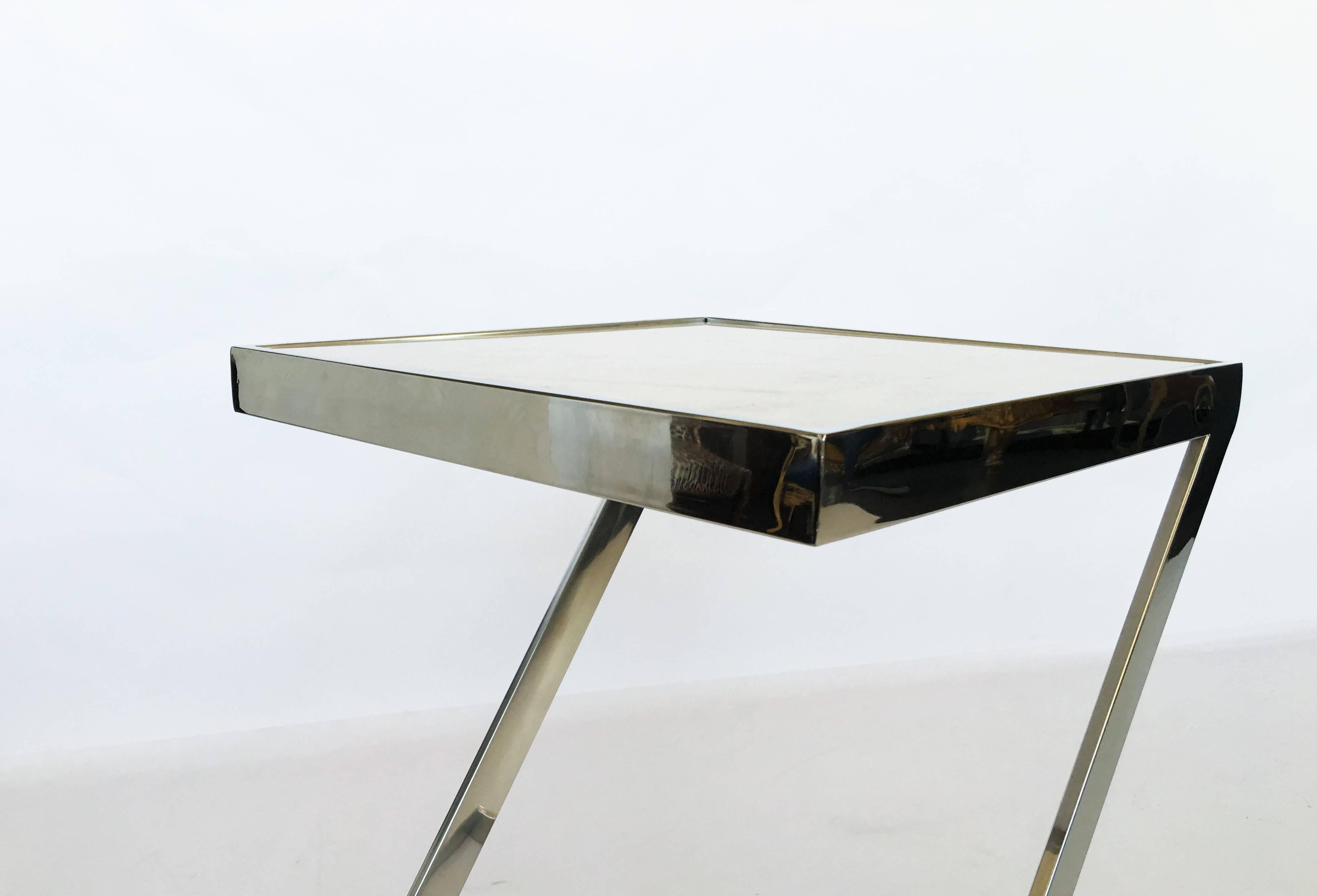 20th Century Pair of Milo Baughman Style Chrome and Marble Z Shaped End Tables For Sale