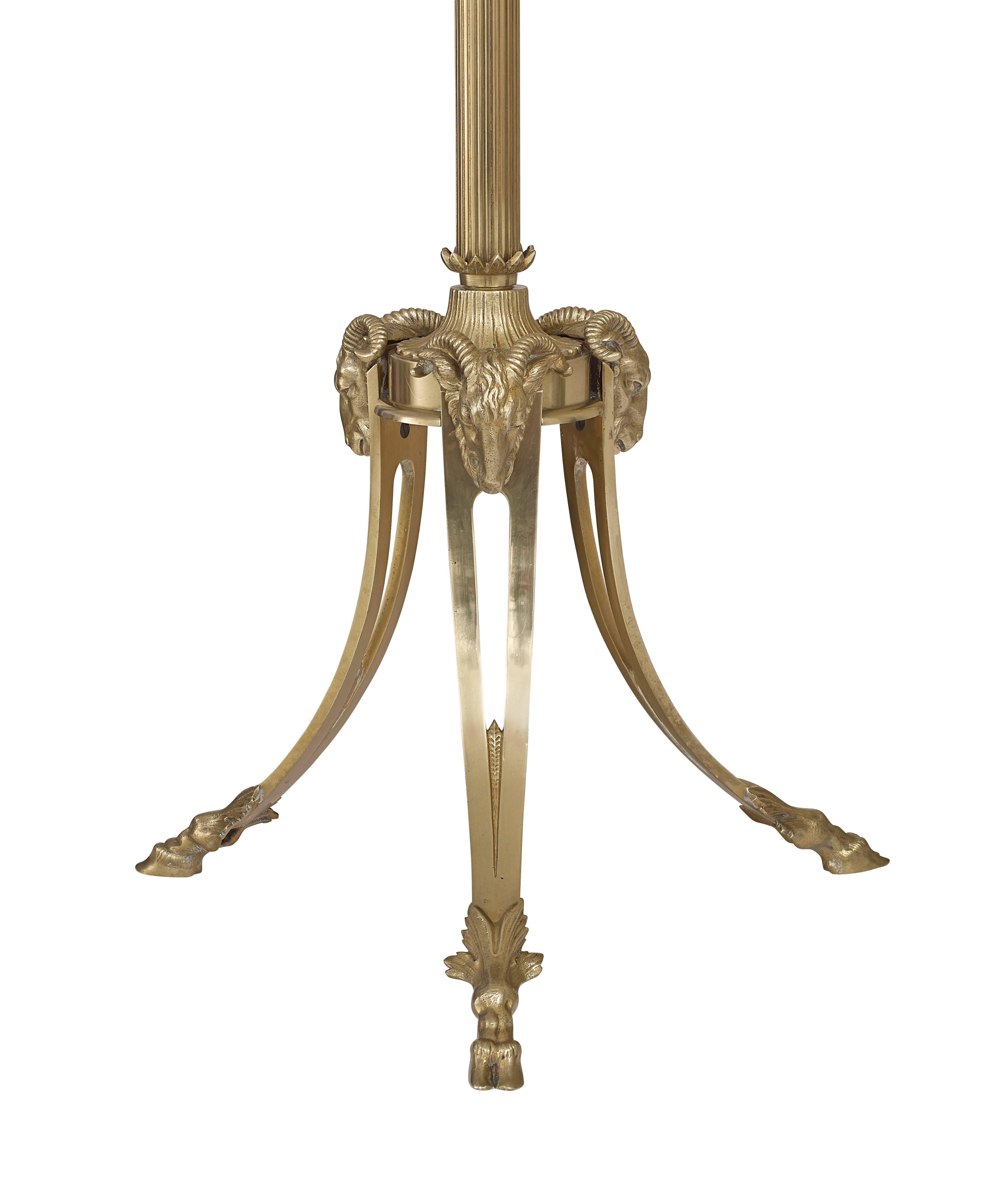 French Marcel Guillemard Paris, Signed Bronze and Brass Floor Lamp with Ram's Heads For Sale