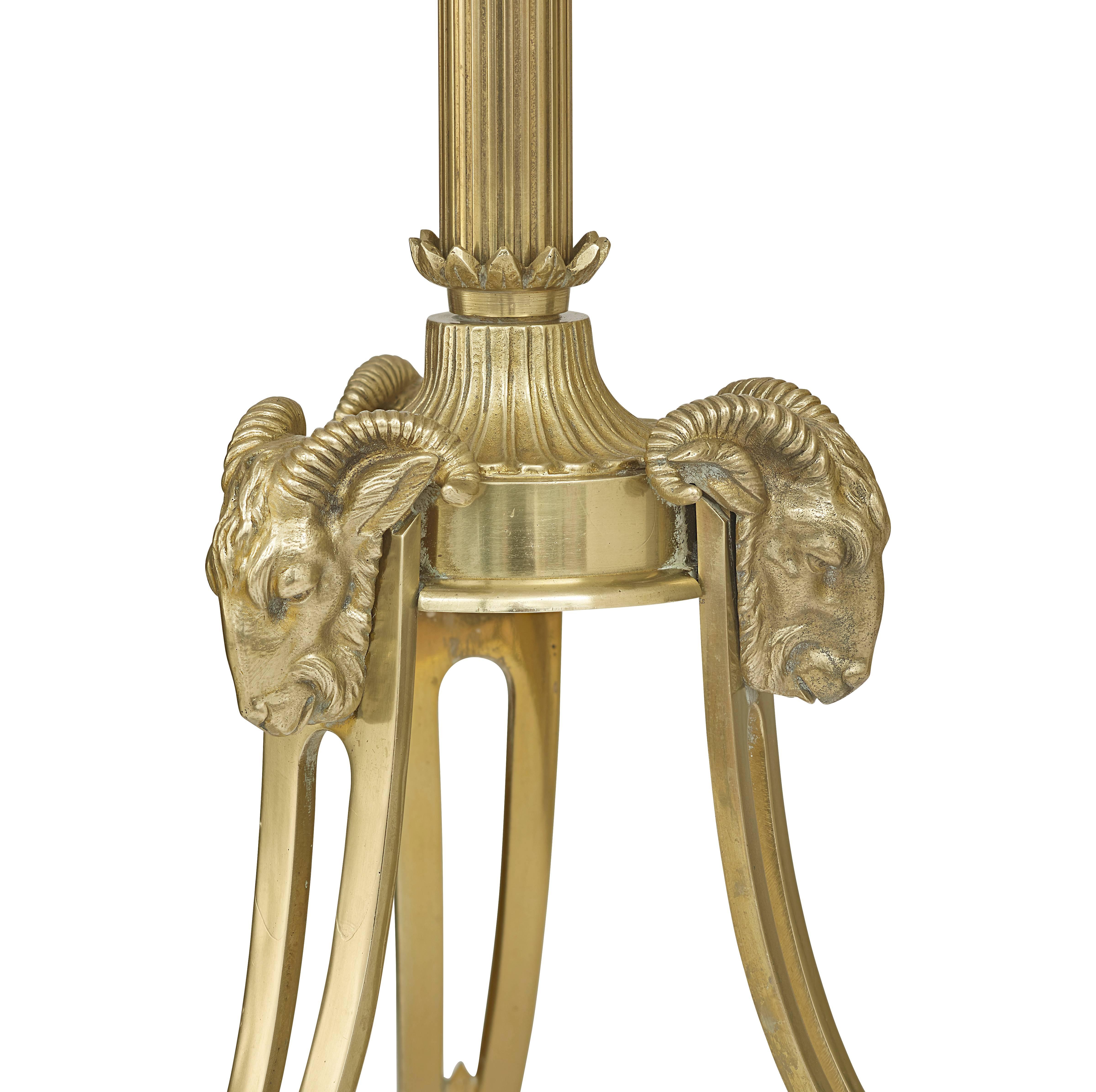 Marcel Guillemard Paris, Signed Bronze and Brass Floor Lamp with Ram's Heads In Excellent Condition For Sale In Shrewsbury, GB