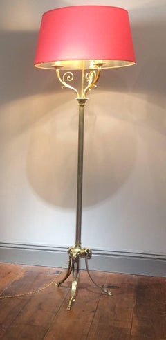 Marcel Guillemard Paris, Signed Bronze and Brass Floor Lamp with Ram's Heads