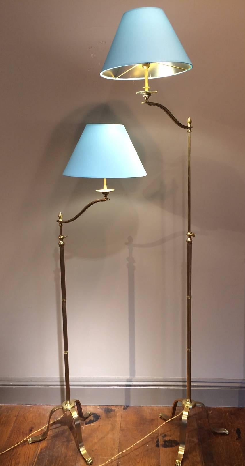 Pair of Maison Jansen Adjustable Brass Reading Floor Lamps with Claw Feet In Excellent Condition For Sale In Shrewsbury, GB