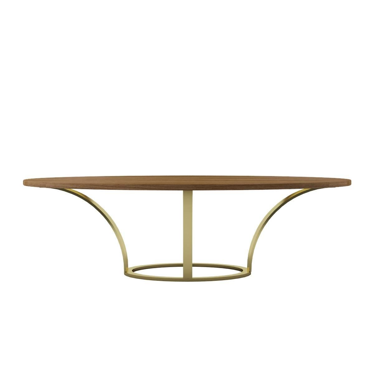 Modern Dining Table, Oval Walnut Finishing and Steel Base with Brass Finishing For Sale