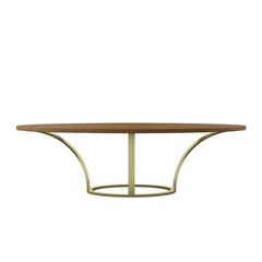 Modern Dining Table, Oval Walnut Finishing and Steel Base with Brass Finishing