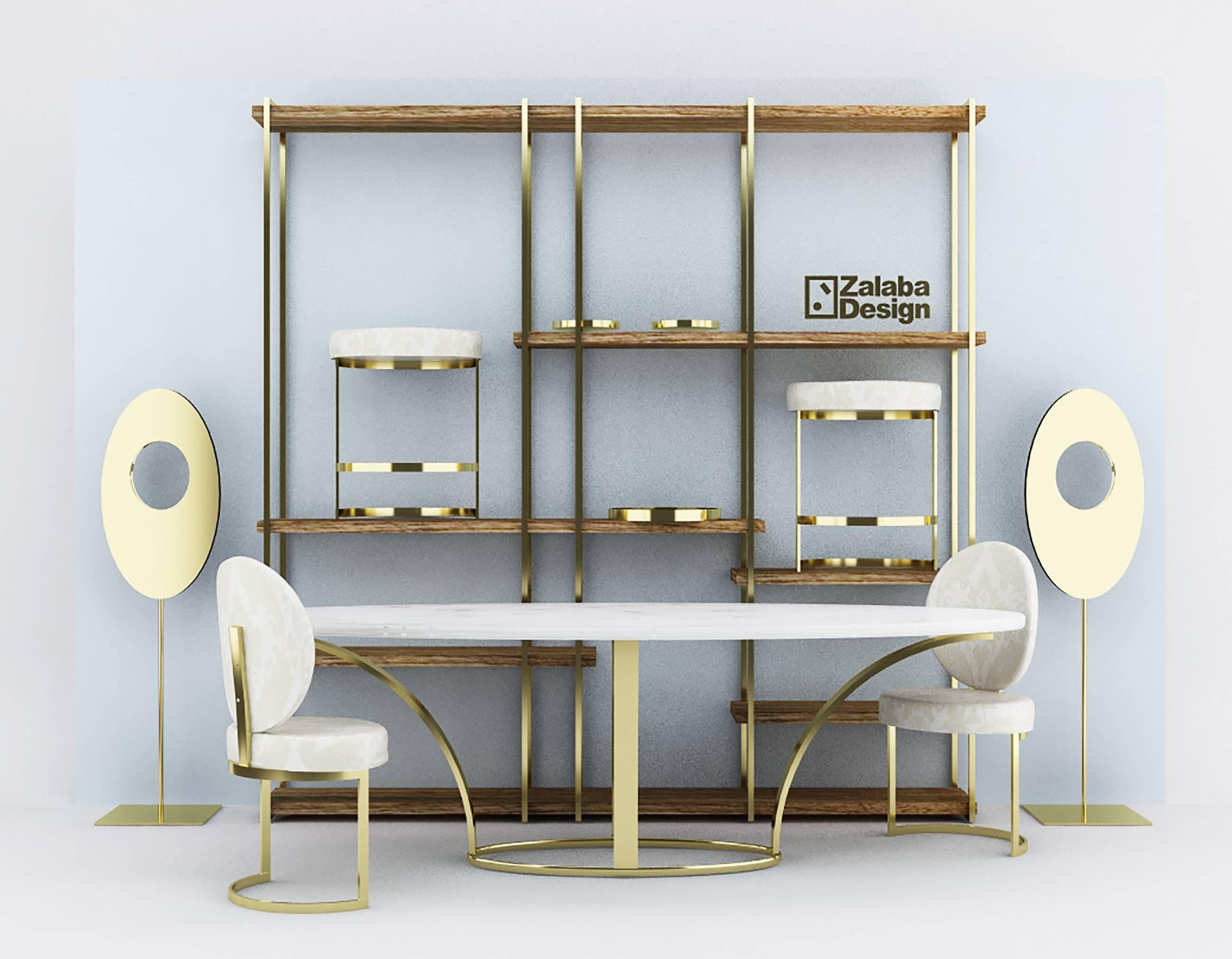 ZULU shelve with steel plated brass fittings and oak shelves

Look carefully and you’ll see that the letters Z and L form the skeleton of each piece, serving as prominent structural catalysts in the creation of each chair and table. Taken in