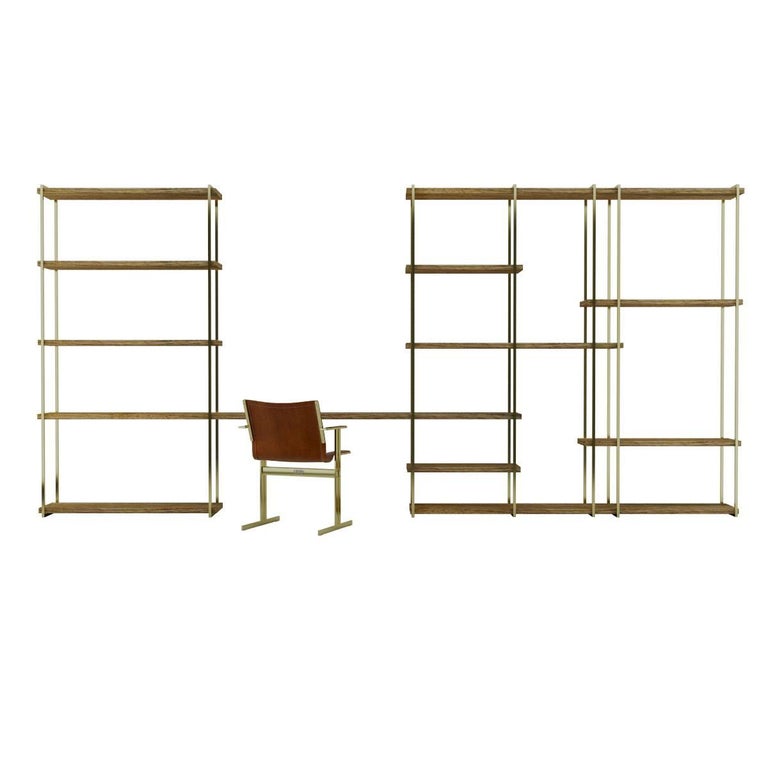 Modern Shelves in Brass finishing and Walnut veneer For Sale at 1stDibs