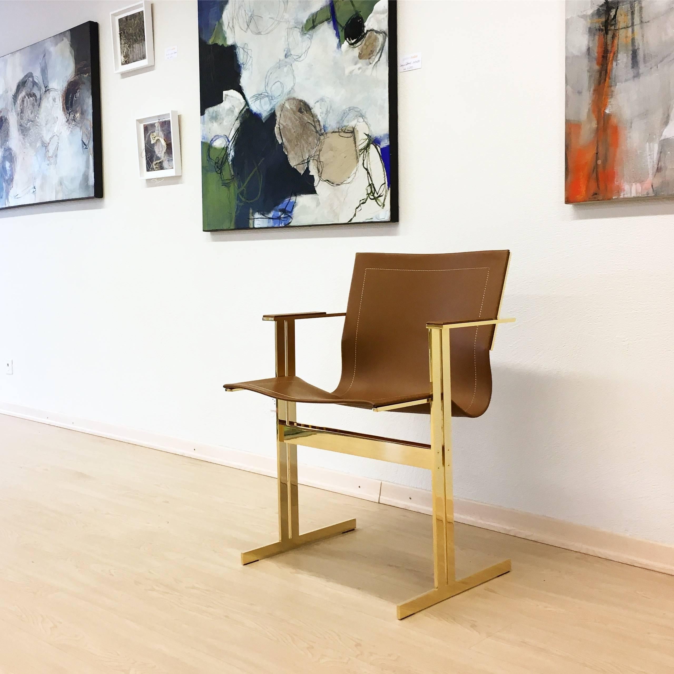 Modern Contemporary Dining / Office Chair Leather and Brass, New Bauhaus Design In New Condition For Sale In Bruttisellen, CH