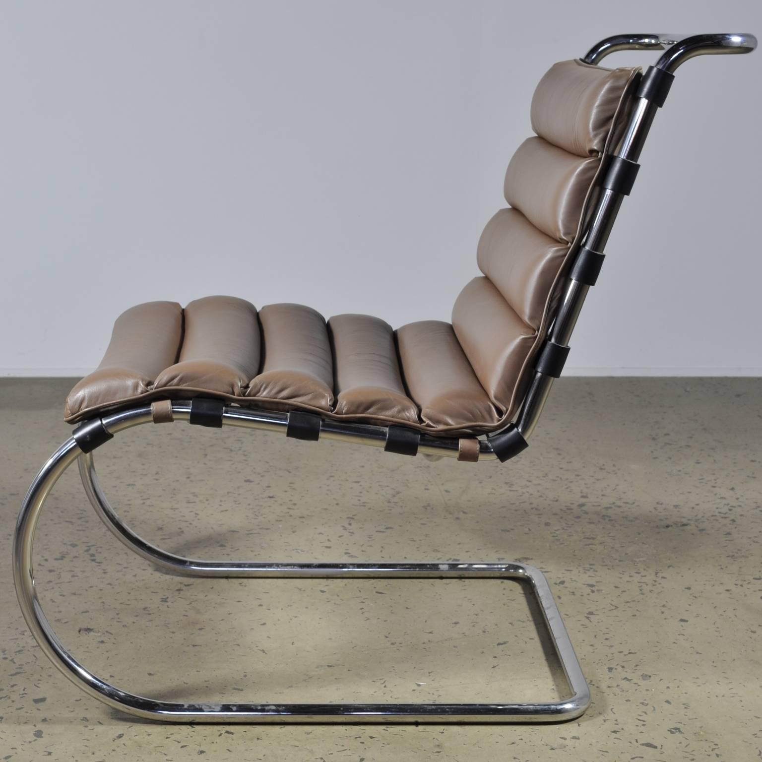 The MR lounge chair, a Classic of early modernism.

Mies van der Rohe’s MR lounge armchair was designed in 1927 as part of his contribution to the Weissenhof exhibit in Stuttgart, Germany. The cantilevered tubular steel frame and wide proportioned