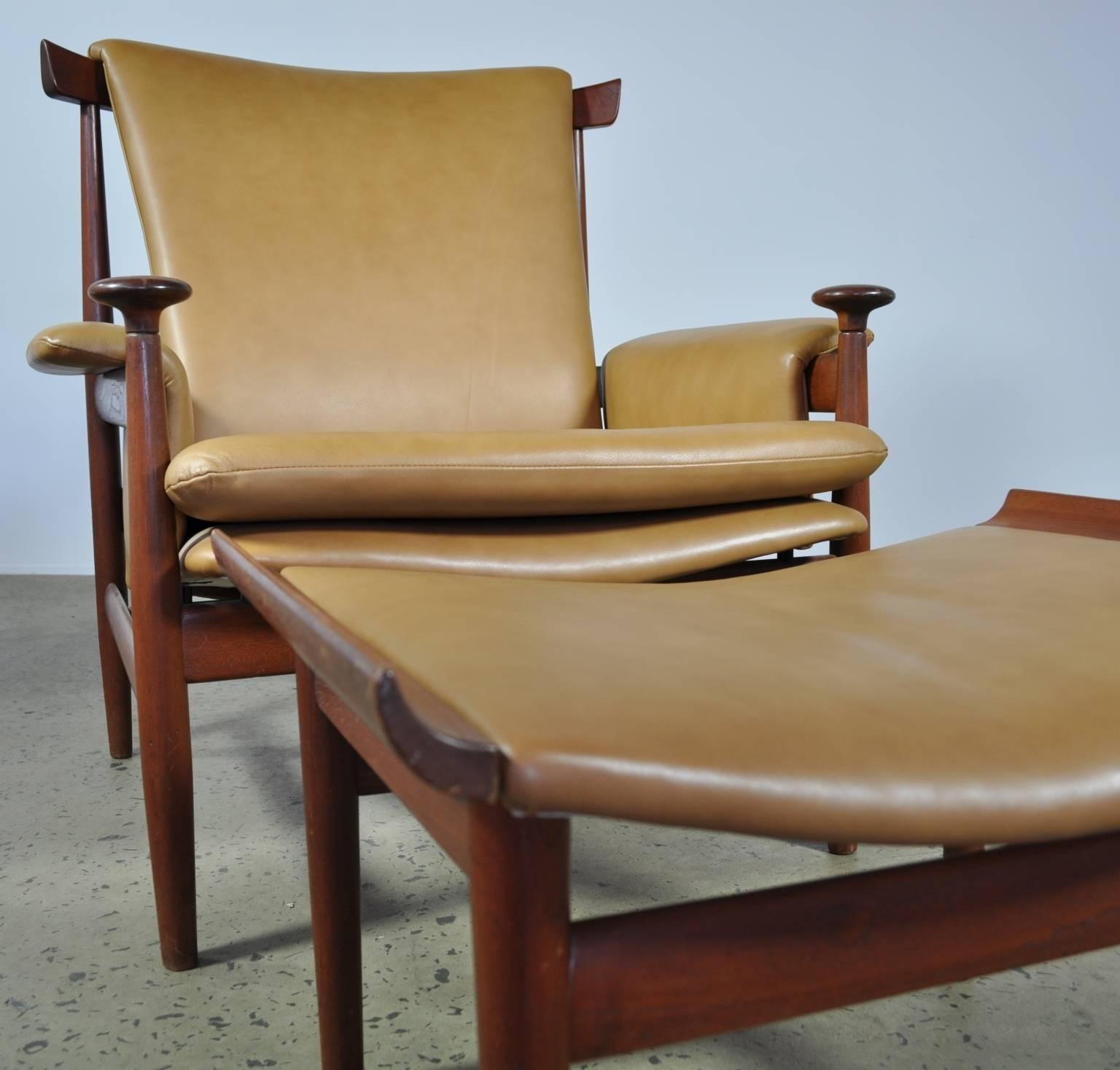 Mid-20th Century Finn Juhl Bwana Chair with Ottoman for France and Sons in Teak and Leather