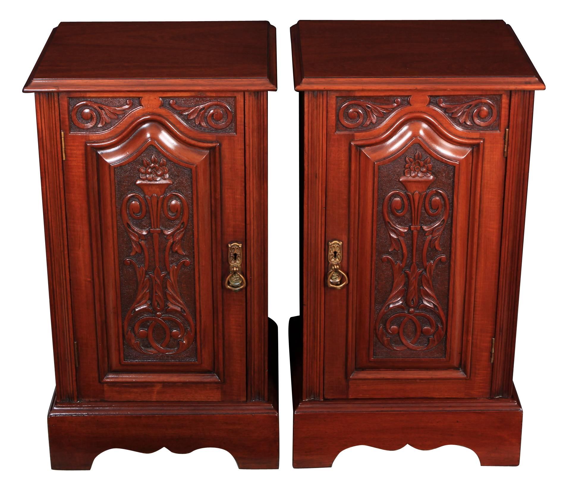 Pair of Carved Mahogany Bedside Cabinets For Sale 2
