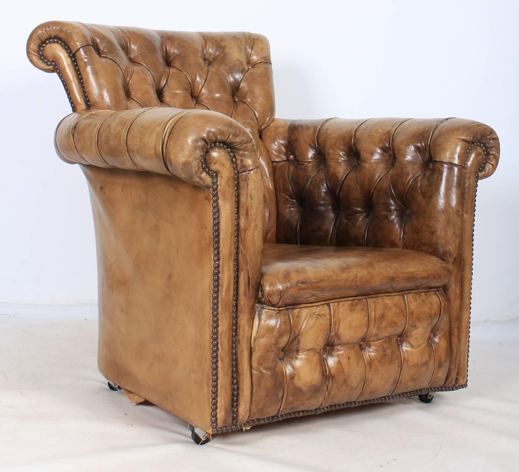 Leather Chesterfield Style Library Armchair In Good Condition For Sale In Detling, GB