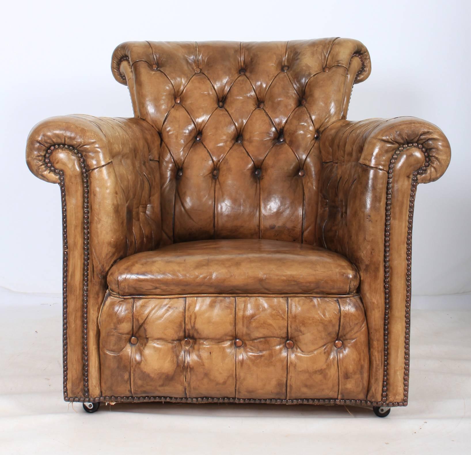 Early 20th Century Leather Chesterfield Style Library Armchair For Sale