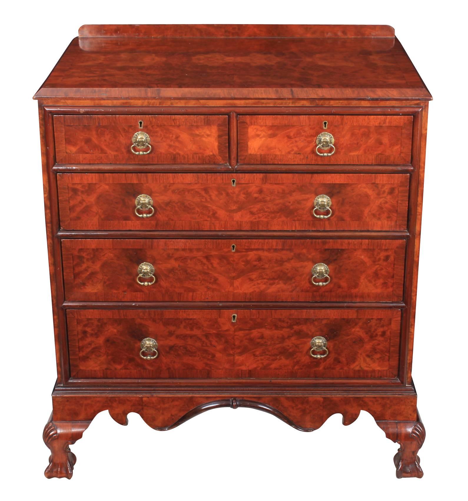 Burr Walnut Chippendale Style Chest of Drawers In Good Condition For Sale In Detling, GB