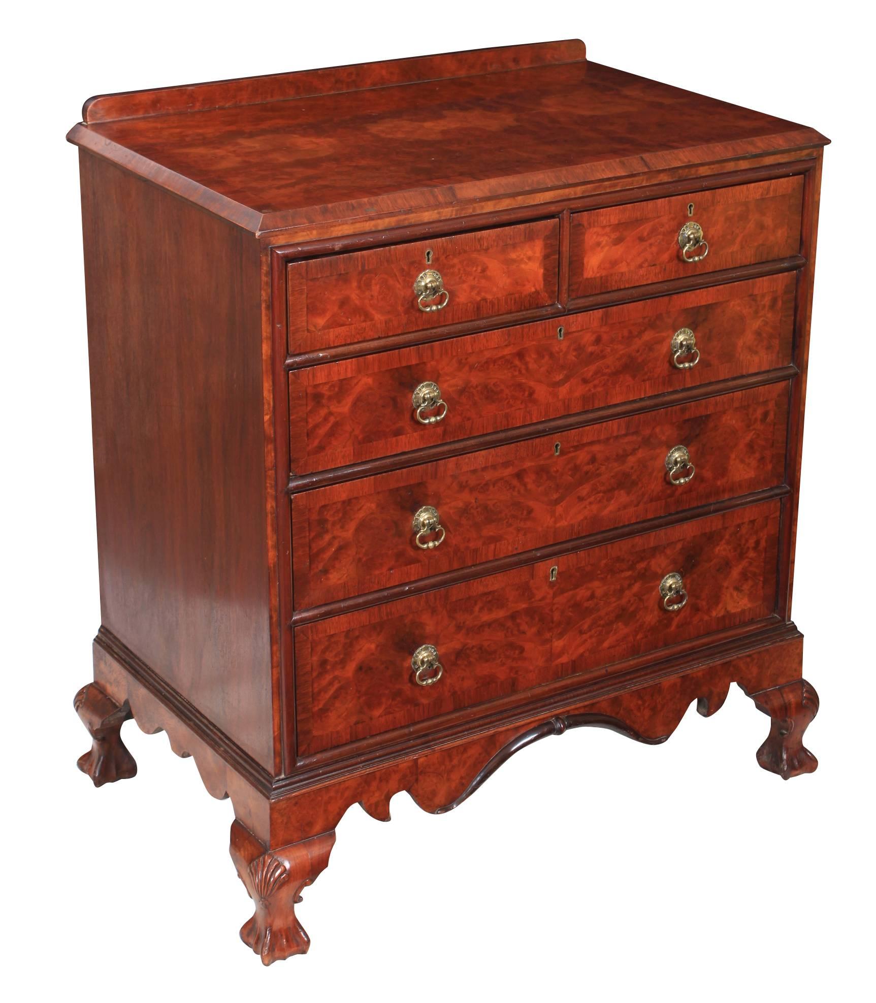 Early 20th Century Burr Walnut Chippendale Style Chest of Drawers For Sale