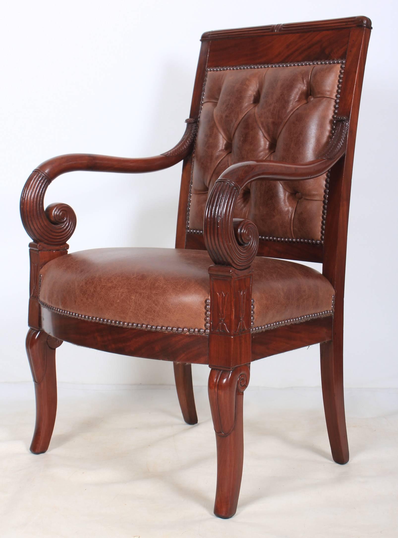 Mid-19th Century Pair of French Empire Style Mahogany and Leather Library Chairs For Sale