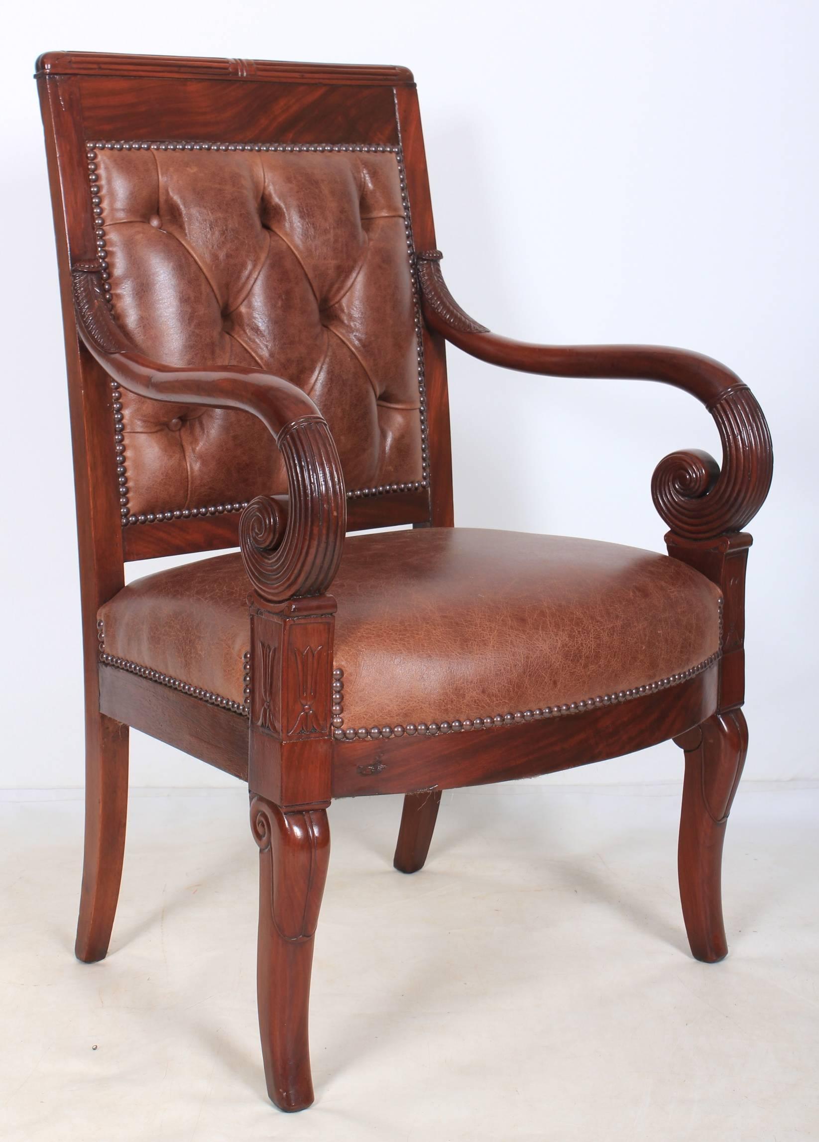 Pair of French Empire Style Mahogany and Leather Library Chairs For Sale 1