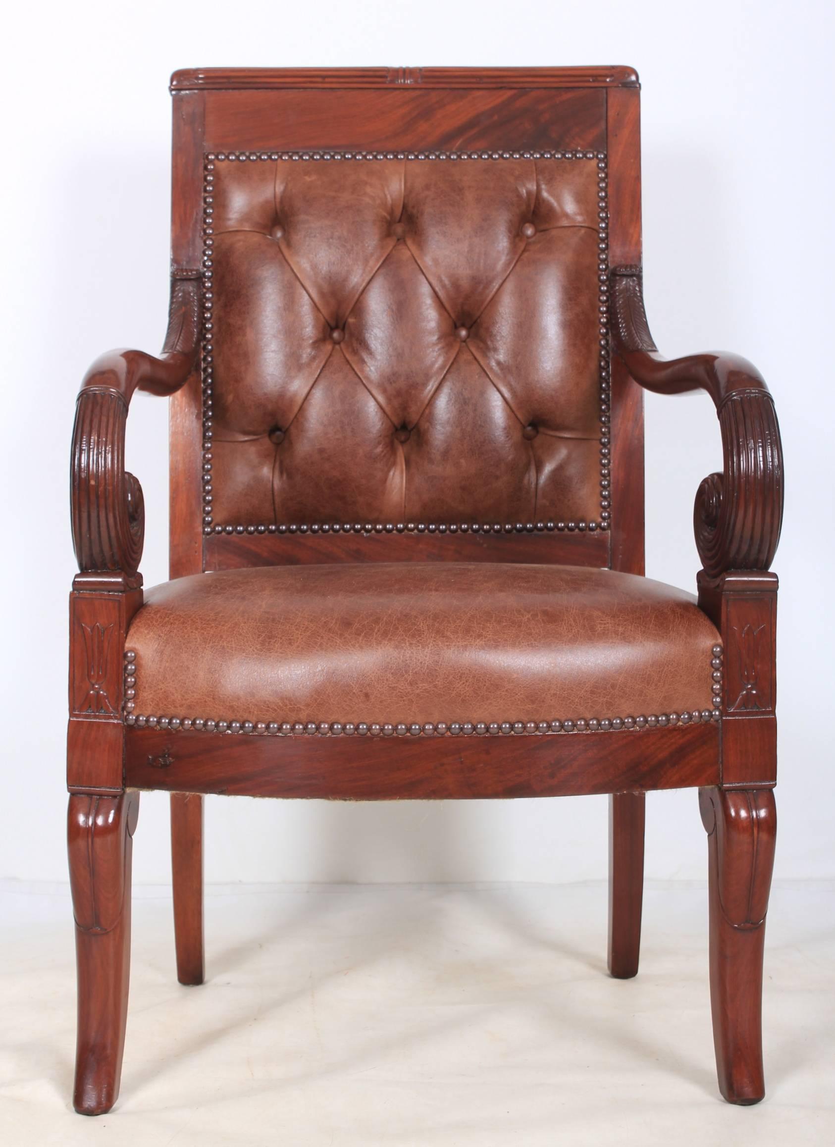 Pair of French Empire Style Mahogany and Leather Library Chairs For Sale 2