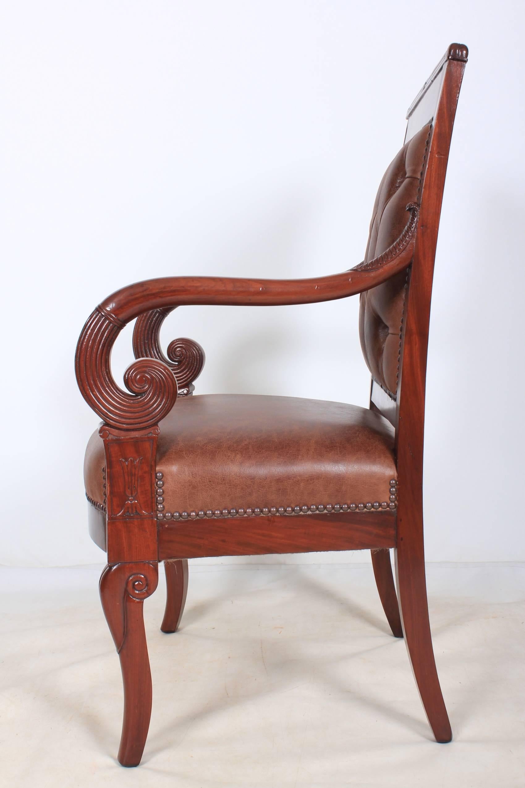 Pair of French Empire Style Mahogany and Leather Library Chairs For Sale 3