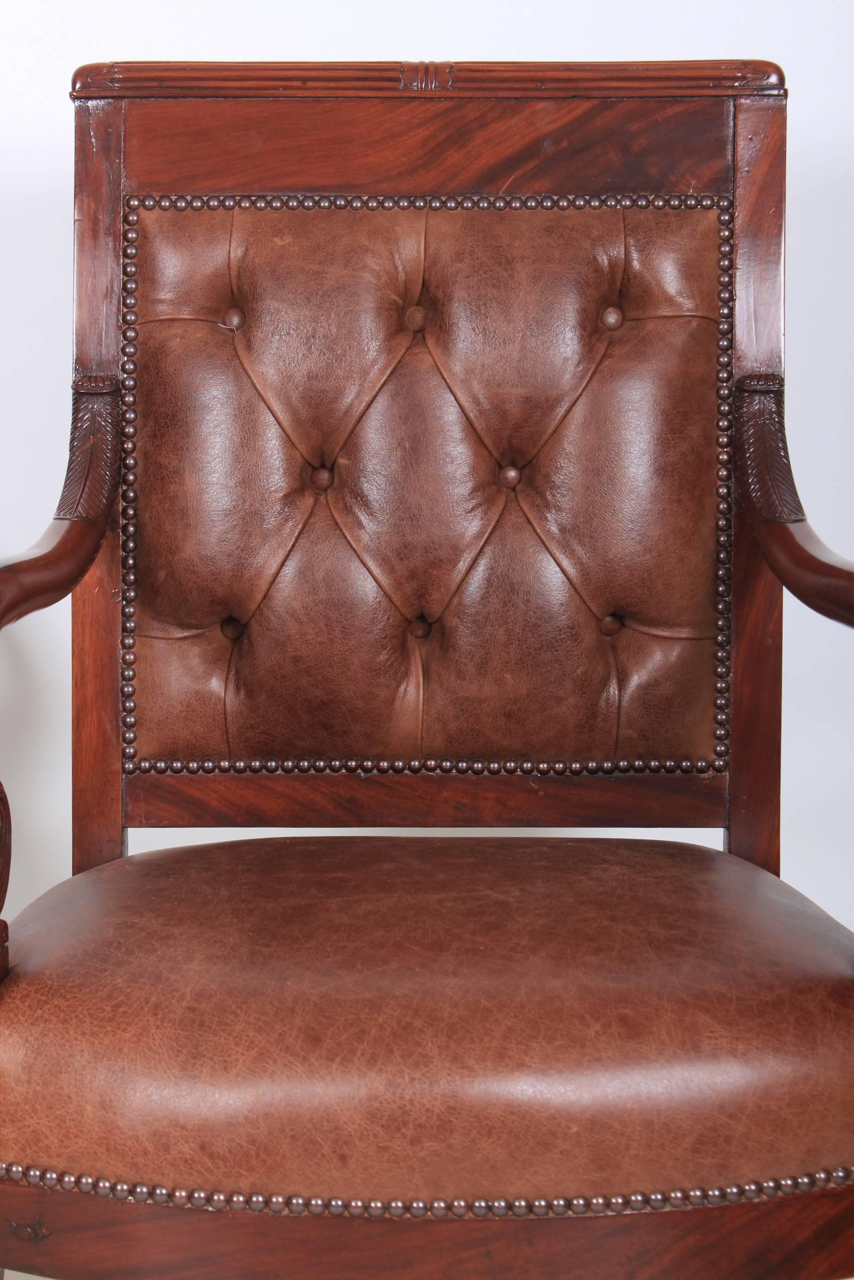 Pair of French Empire Style Mahogany and Leather Library Chairs For Sale 4