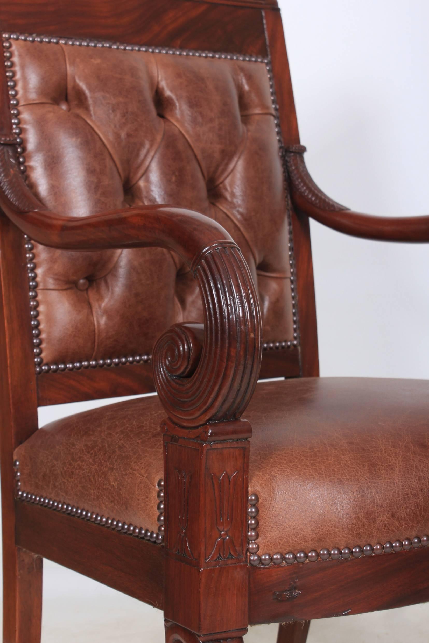 Pair of French Empire Style Mahogany and Leather Library Chairs For Sale 6