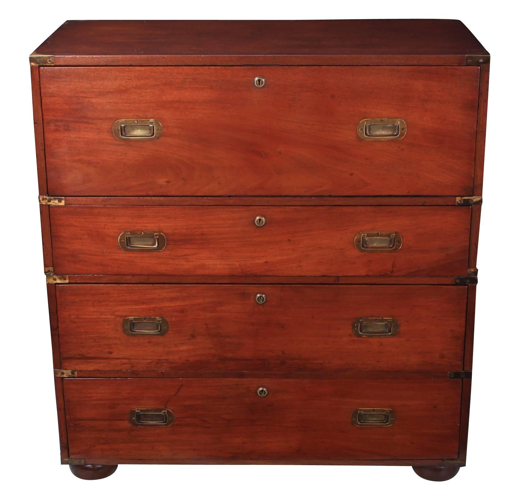 English, circa 1850.
This mahogany military chest is in good condition.
Consisting of four drawers, with a deep top drawer.
Quality solid pine dovetailed construction with recessed brass military handles.
Brass corners and brass straps, typical