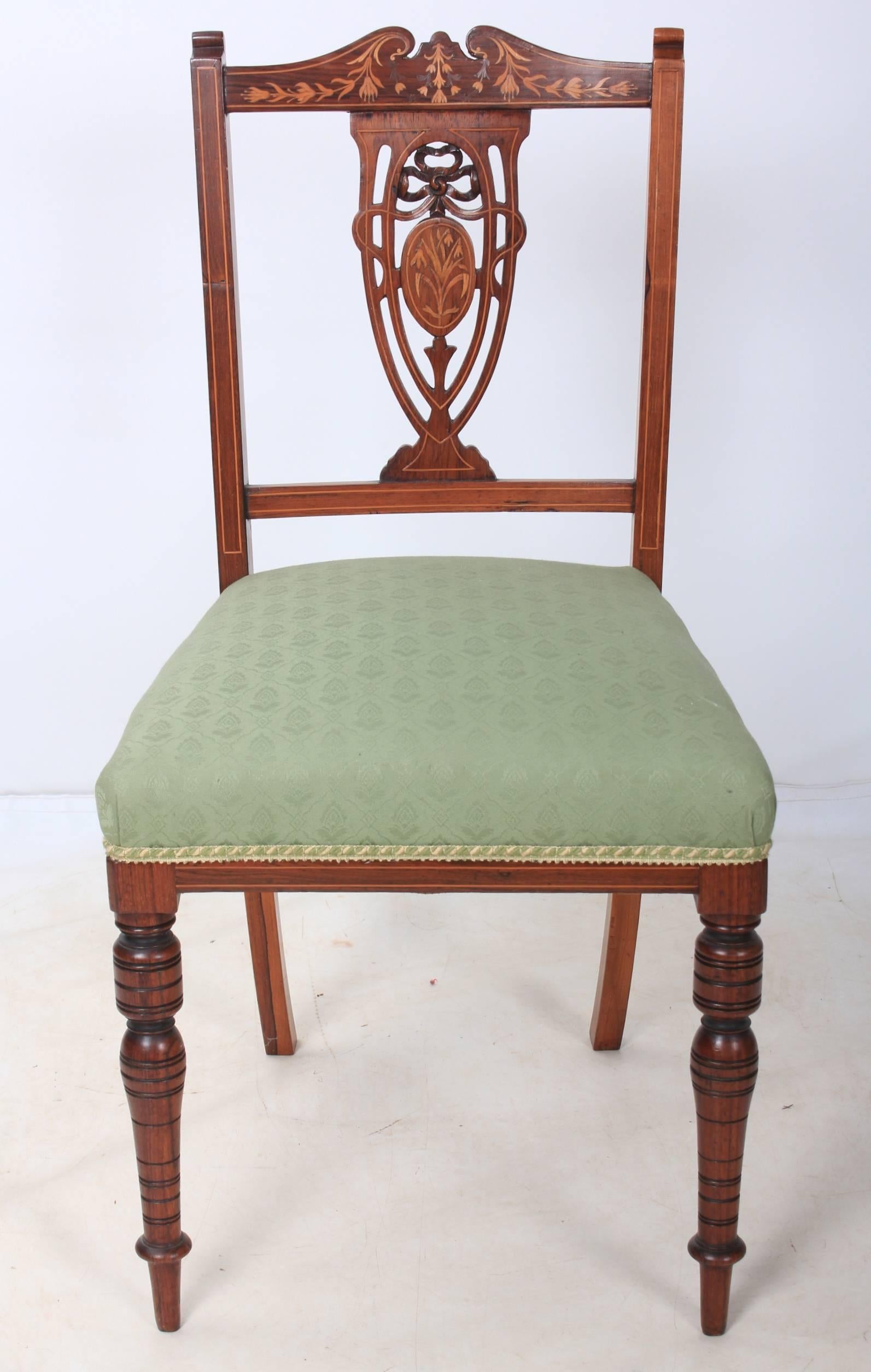 Early 20th Century Set of Four Marquetry Inlaid Rosewood Dining Chairs For Sale