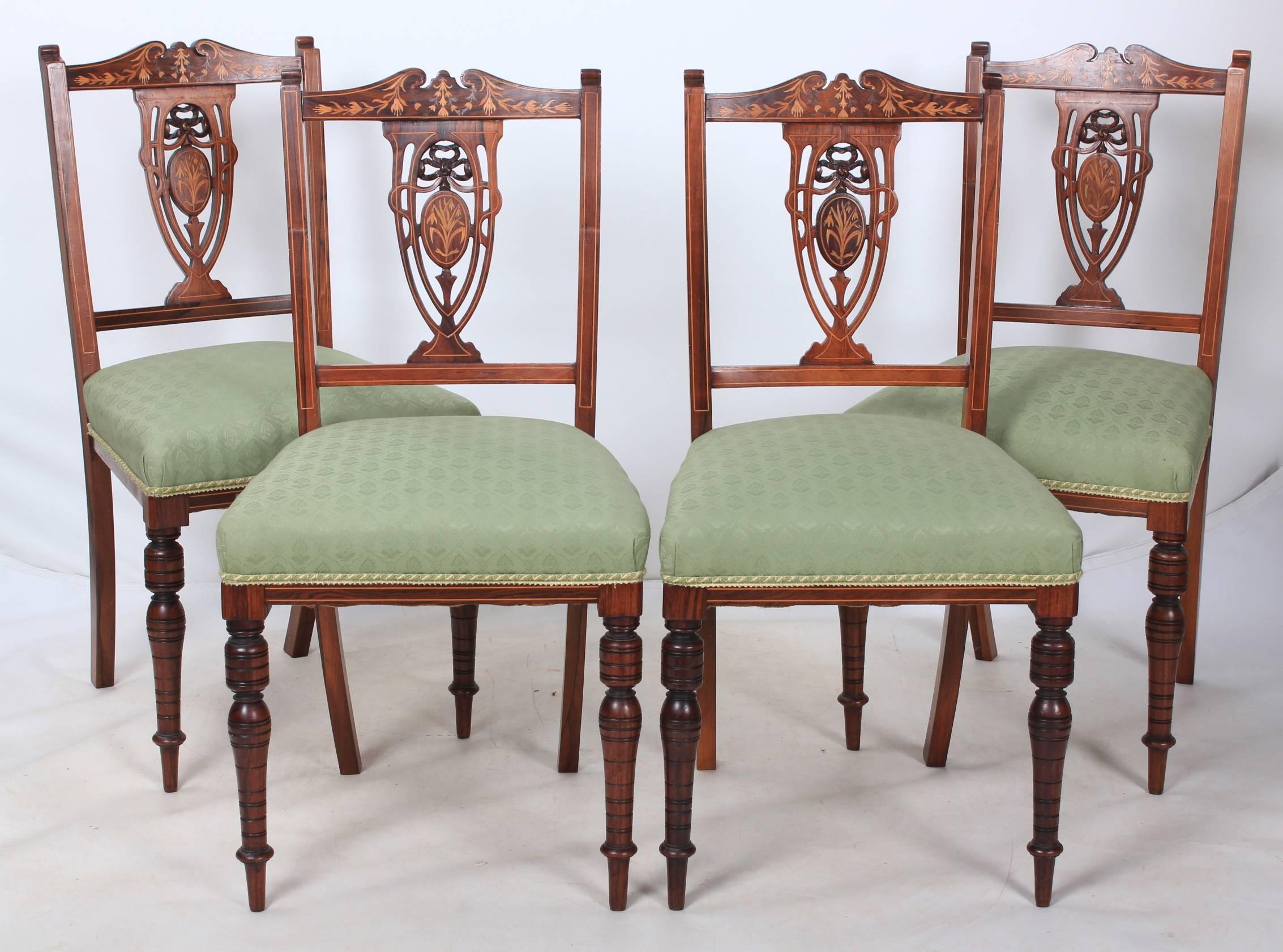 Set of Four Marquetry Inlaid Rosewood Dining Chairs For Sale 1