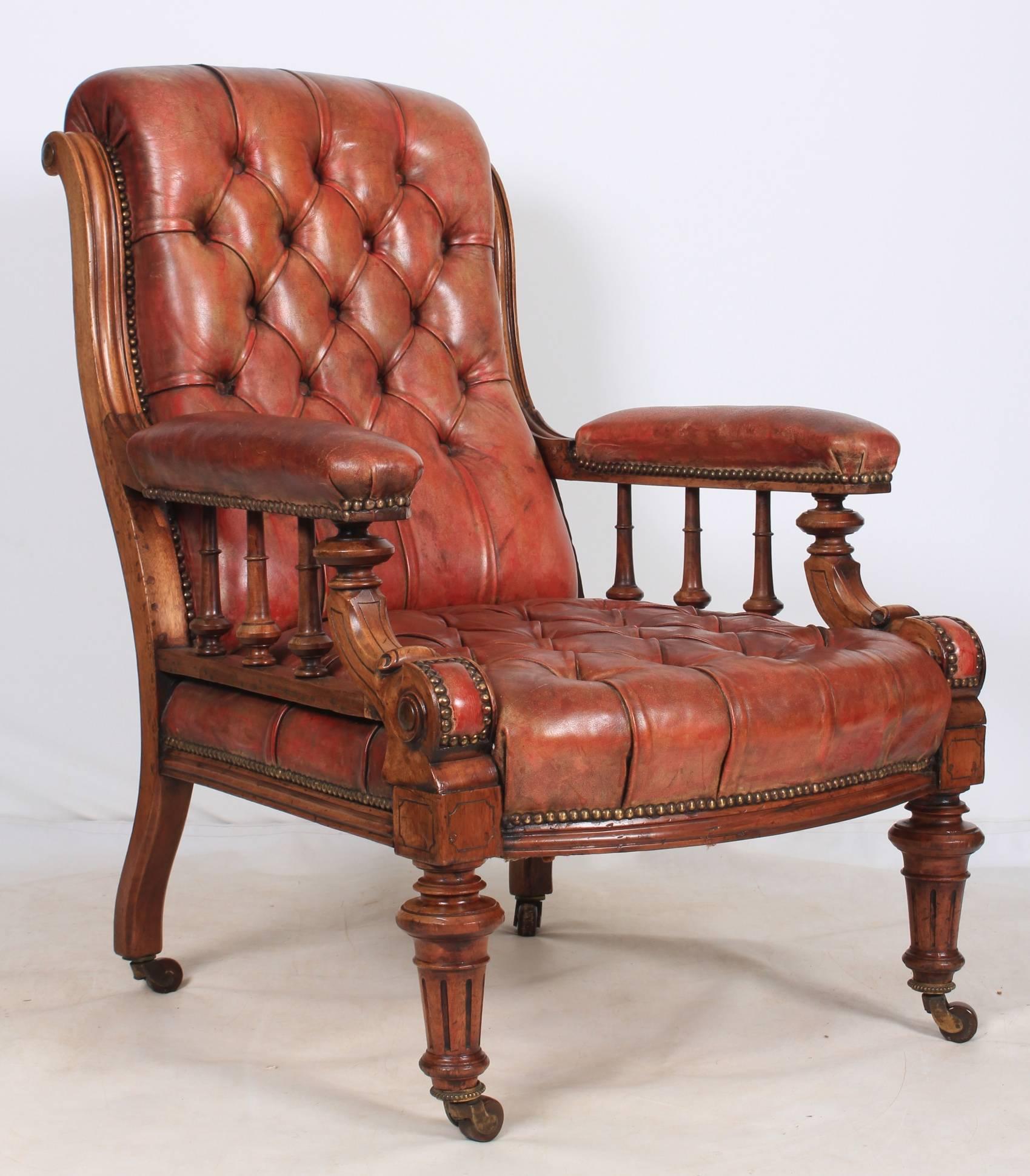 English, circa 1880.
This pair of lovely walnut library chairs are of superb quality, upholstered in a deep buttoned thick leather hide which has aged beautifully. The look of this leather could not be reproduced.
Beautiful walnut scroll shaped